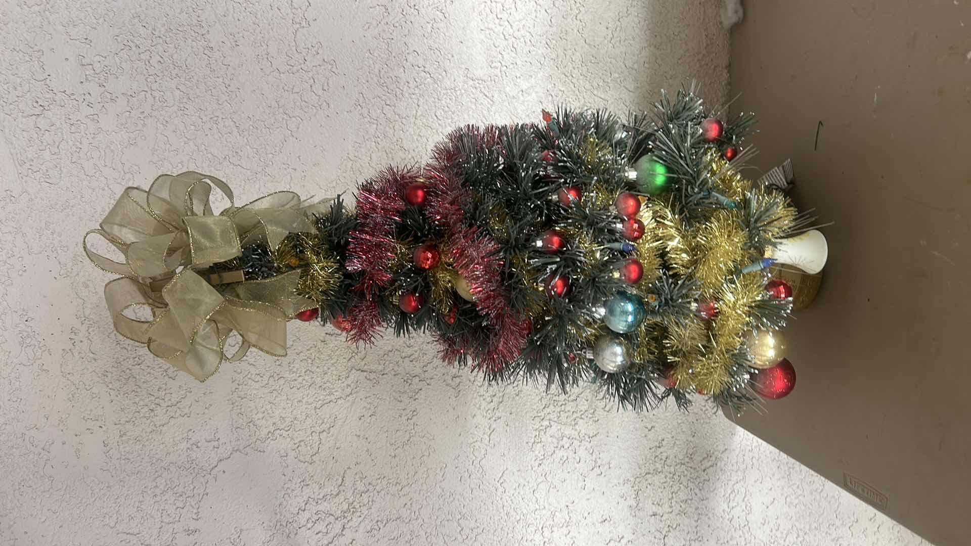Photo 1 of MINATURE DECORATED TABLETOP CHRISTMAS TREE W GOLD RIBBON BOW H31”