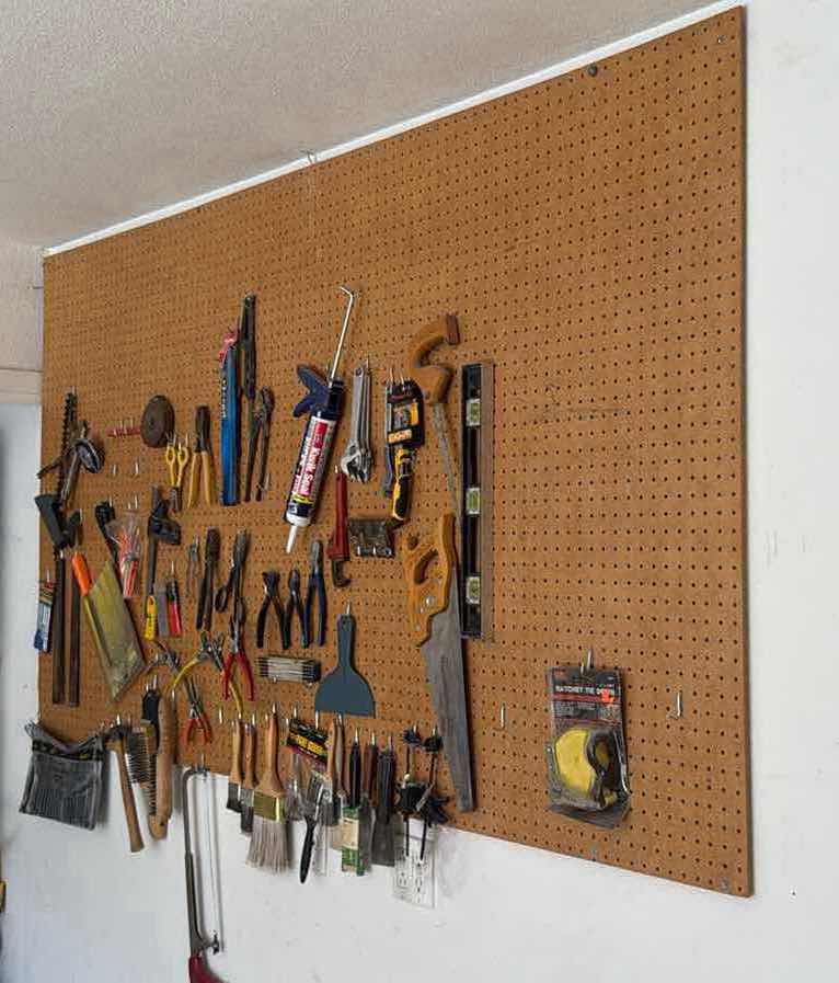 Photo 1 of ASSORTED GARAGE TOOLS W PEG BOARD 90' X 48'