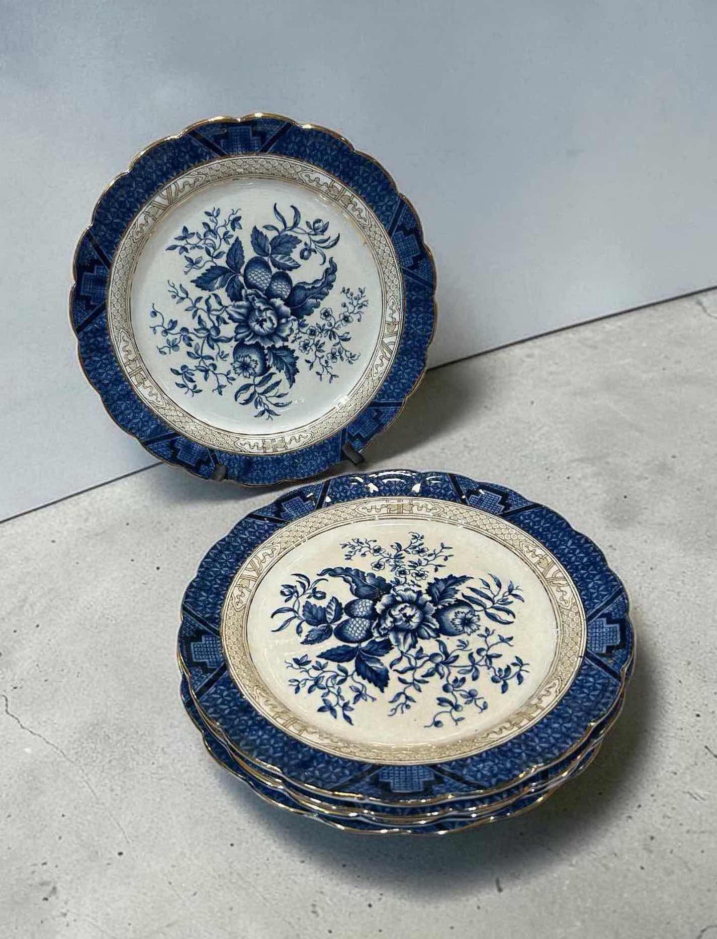 Photo 1 of 5-VINTAGE BLUE WHITE FLORAL LUNCH PLATE 9" BY BOOTHS SILICON CHINA