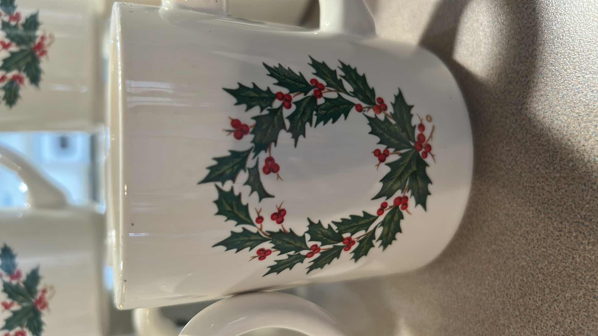 Photo 1 of 11-VINTAGE WHITE CERAMIC HOLIDAY HOLLY WREATH MUGS