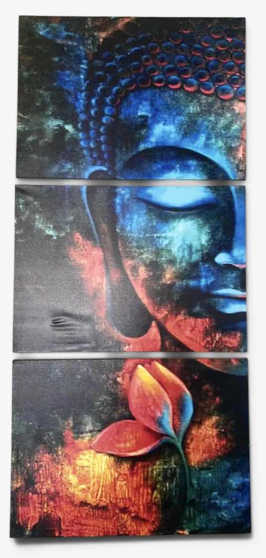 View 1 of THREE PIECE STRETCH TRIPTYCH CANVAS, VIBRANT ABSTRACT BUDDHA FACE ARTWORK 27 1/2“ x H20“