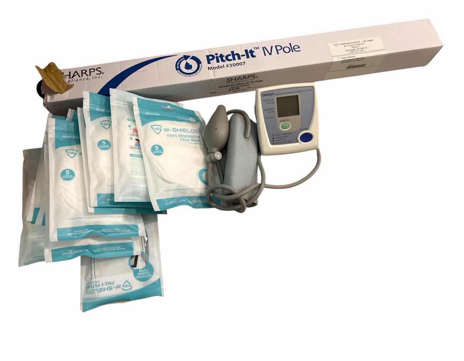 Photo 1 of OMRON DIGITAL BLOOD PRESSURE MONITOR, SHARPS PITCH-IT IV POLE & KN95 MASKS