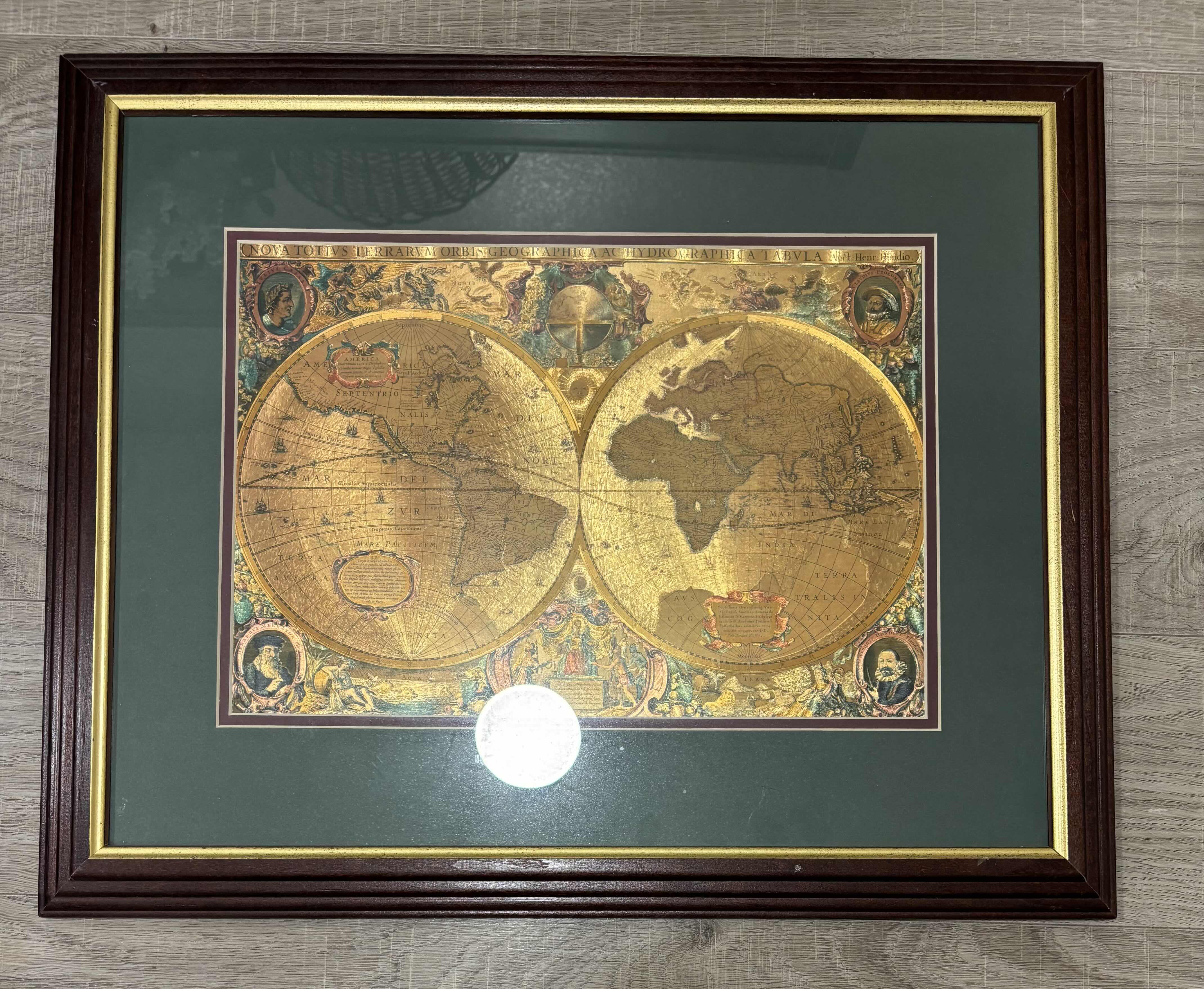 Photo 1 of VINTAGE FRAMED GOLD-FOIL REPRODUCTION OF HENDRIK HONDIUS’ 17TH CENTURY DOUBLE HEMISPHERE MAP 22” X 18” $149