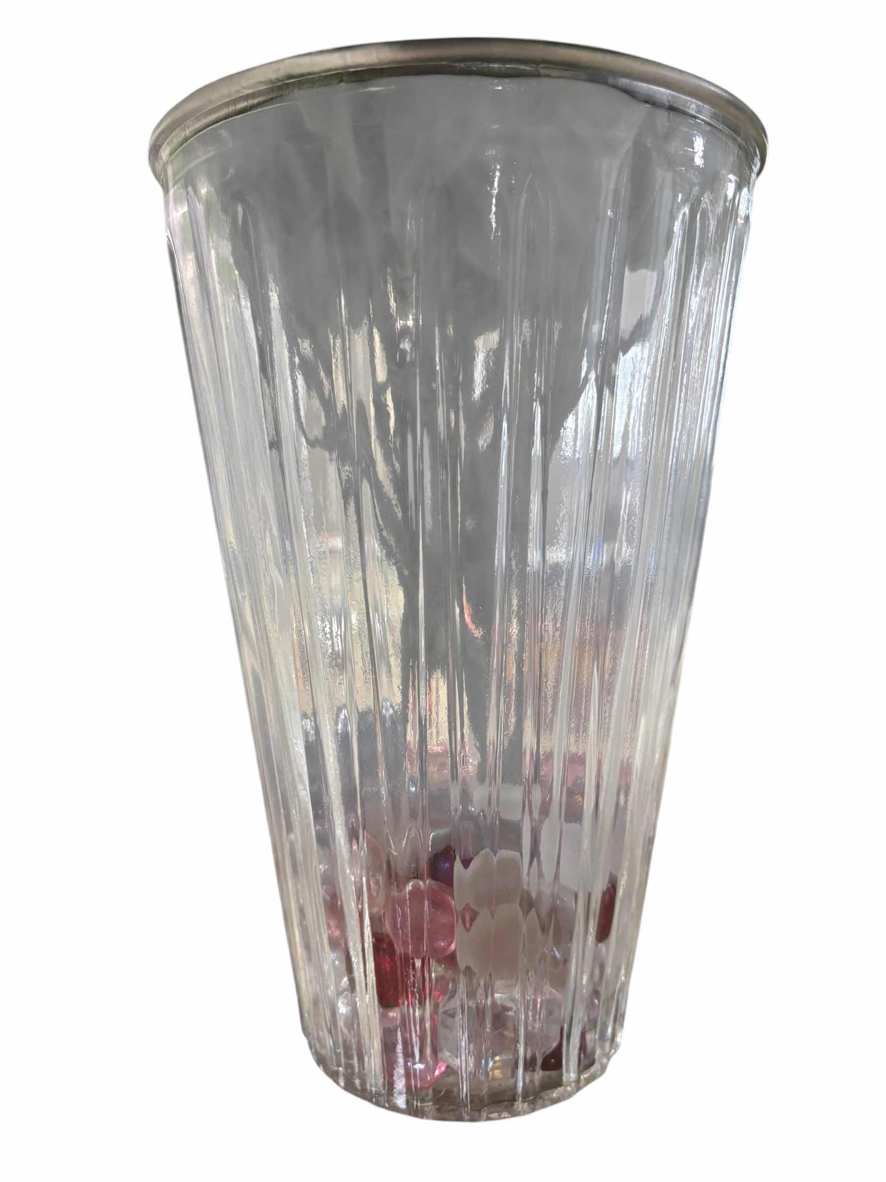 Photo 1 of THREE GLASS VASES WITH CROCHETED AND ARTIFICIAL FLOWERS, TALLEST H18”