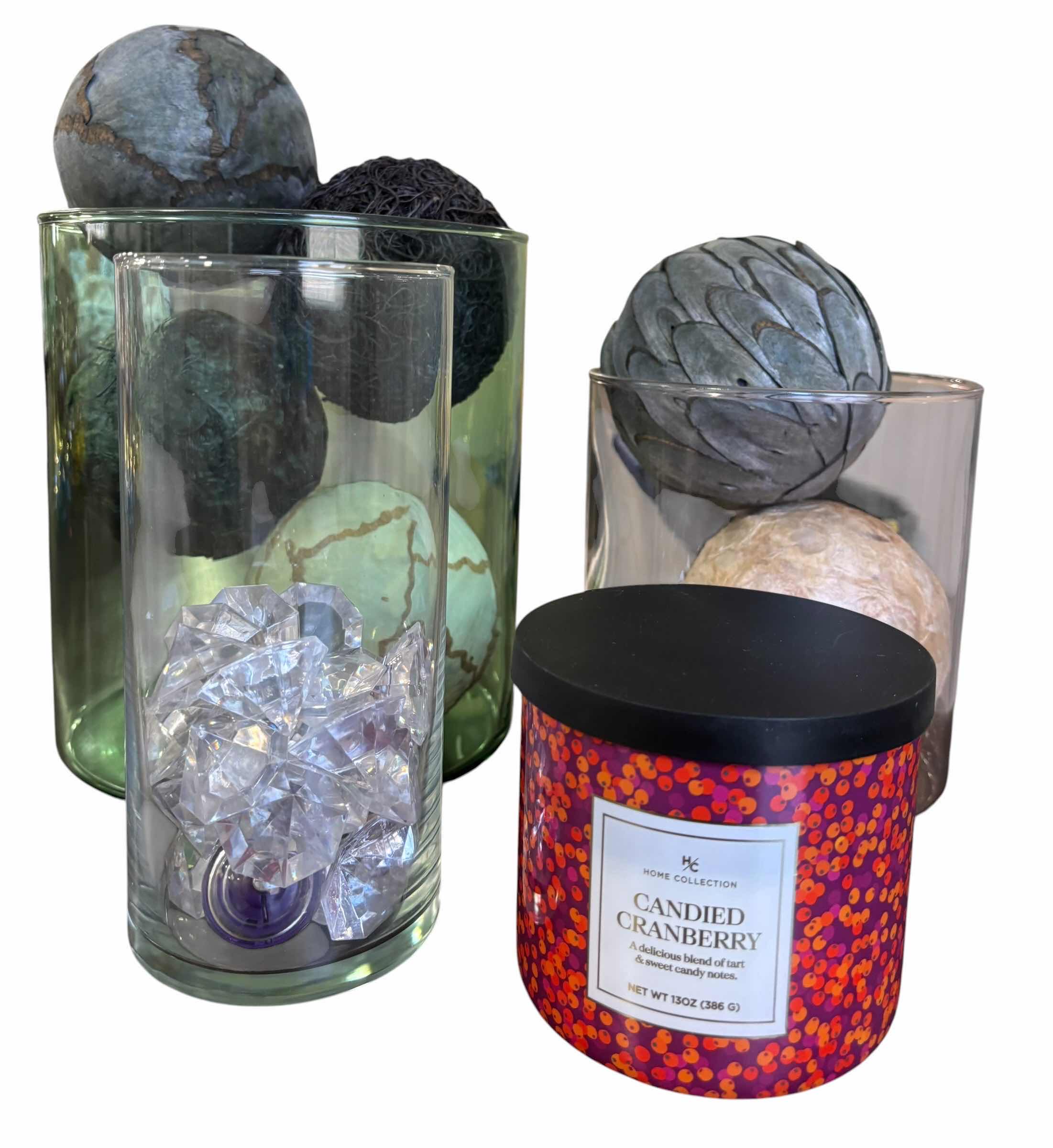 Photo 1 of THREE GLASS VASES WITH DECOR ITEMS & NEW CANDIED CRANBERRY CANDLE, TALLEST H8”