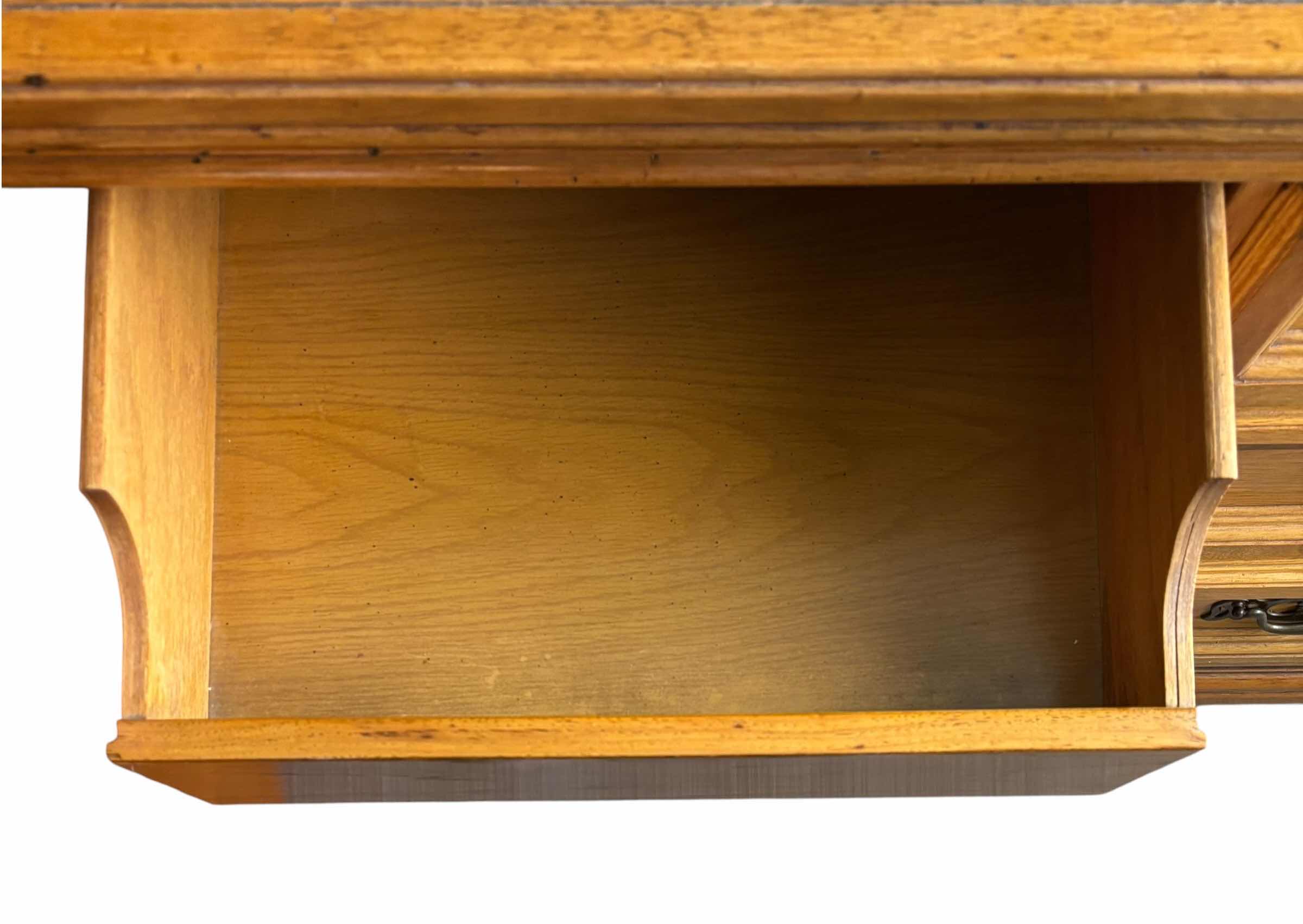 View 5 of VINTAGE OAK TRIPLE DRESSER WITH TRIFOLD MIRROR 70” X 18” X H32”, WITH MIRROR H75”