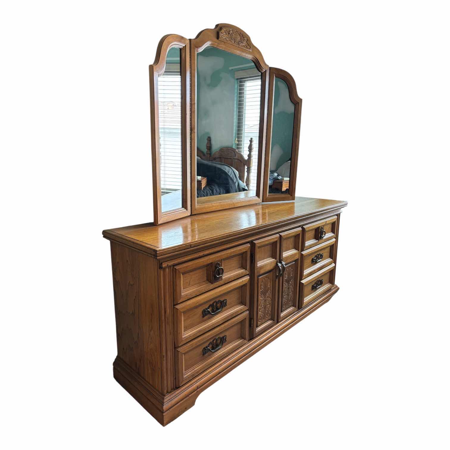 Photo 1 of VINTAGE OAK TRIPLE DRESSER WITH TRIFOLD MIRROR 70” X 18” X H32”, WITH MIRROR H75”