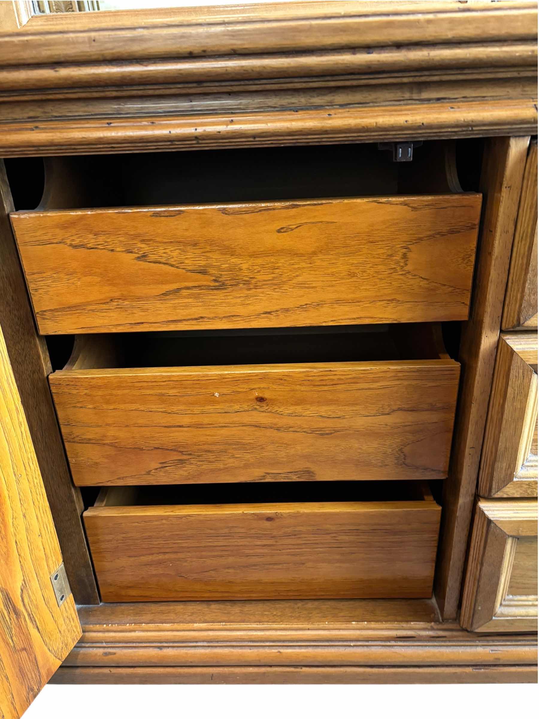 View 4 of VINTAGE OAK TRIPLE DRESSER WITH TRIFOLD MIRROR 70” X 18” X H32”, WITH MIRROR H75”