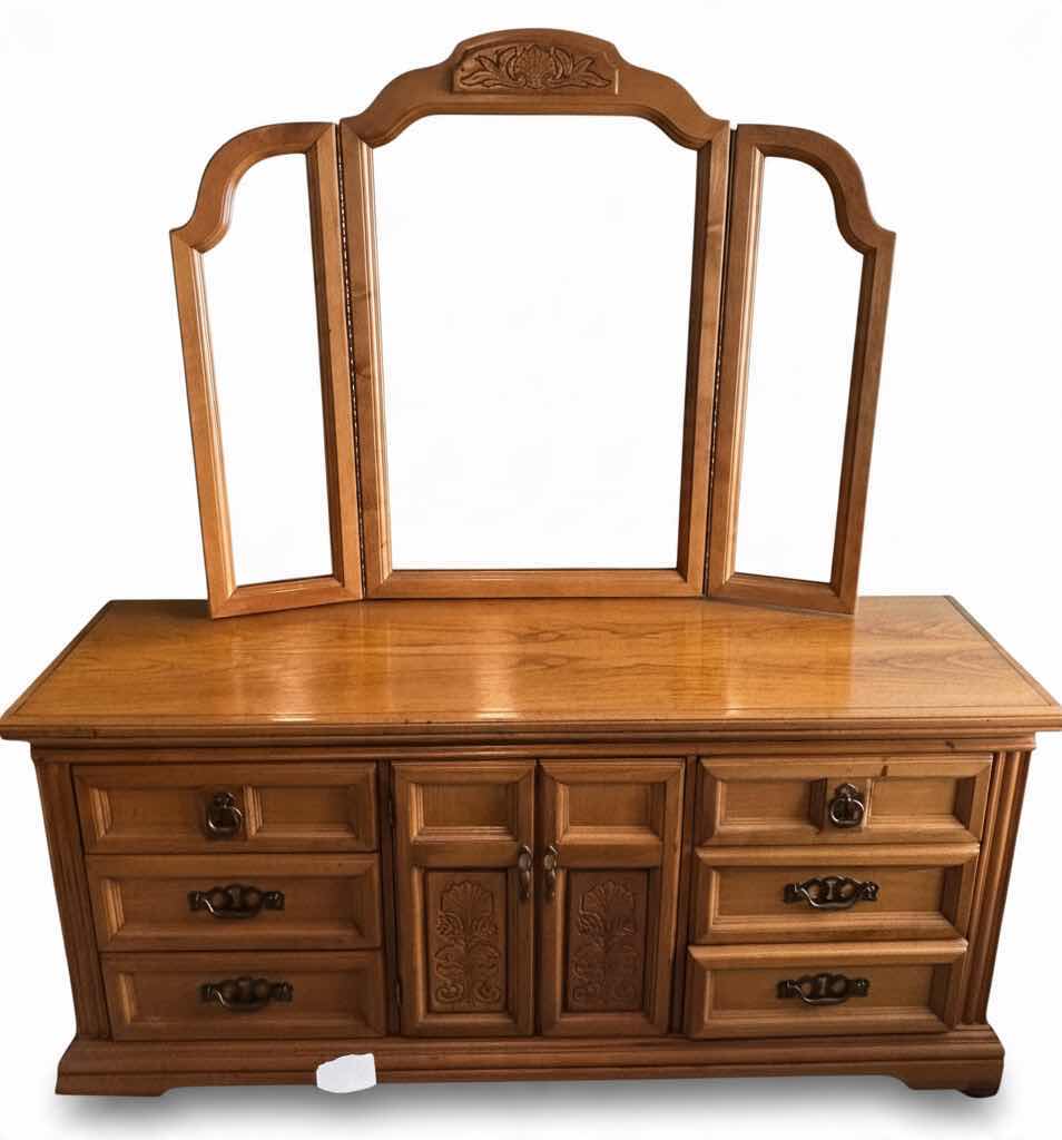 View 2 of VINTAGE OAK TRIPLE DRESSER WITH TRIFOLD MIRROR 70” X 18” X H32”, WITH MIRROR H75”