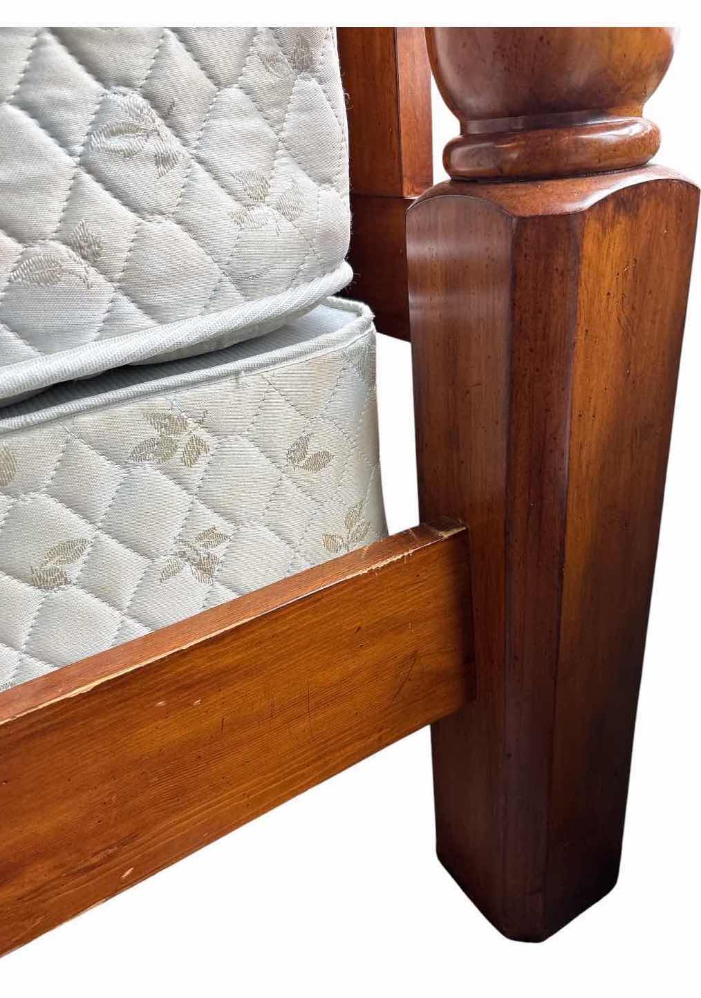 View 3 of QUEEN WOOD WARM CHERRY FOUR POSTER BED FRAME WITH DECORATIVE METAL SCROLLWORK HEADBOARD W/MATTRESS AND BOXSPRING