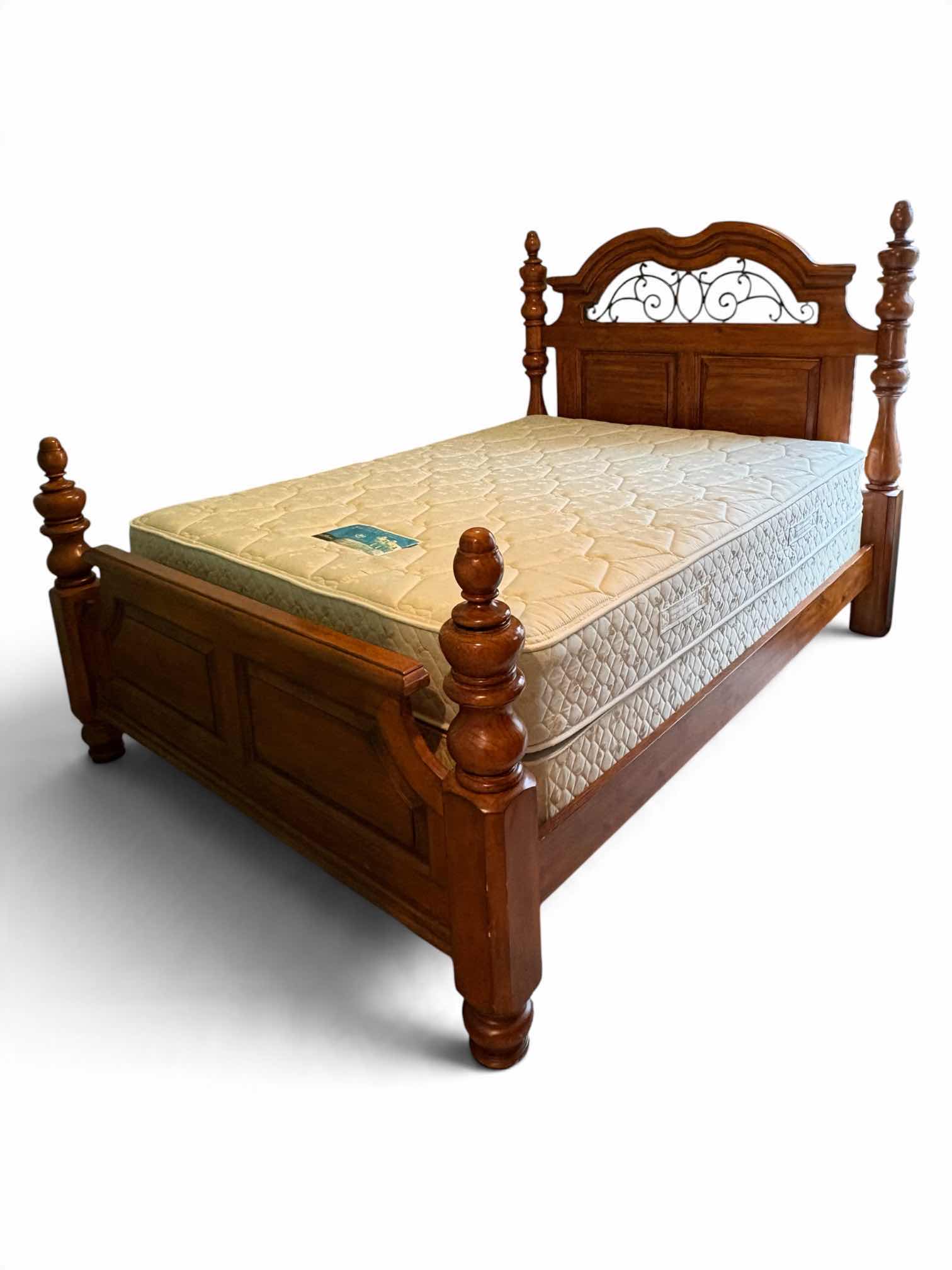 Photo 1 of QUEEN WOOD WARM CHERRY FOUR POSTER BED FRAME WITH DECORATIVE METAL SCROLLWORK HEADBOARD W/MATTRESS AND BOXSPRING
