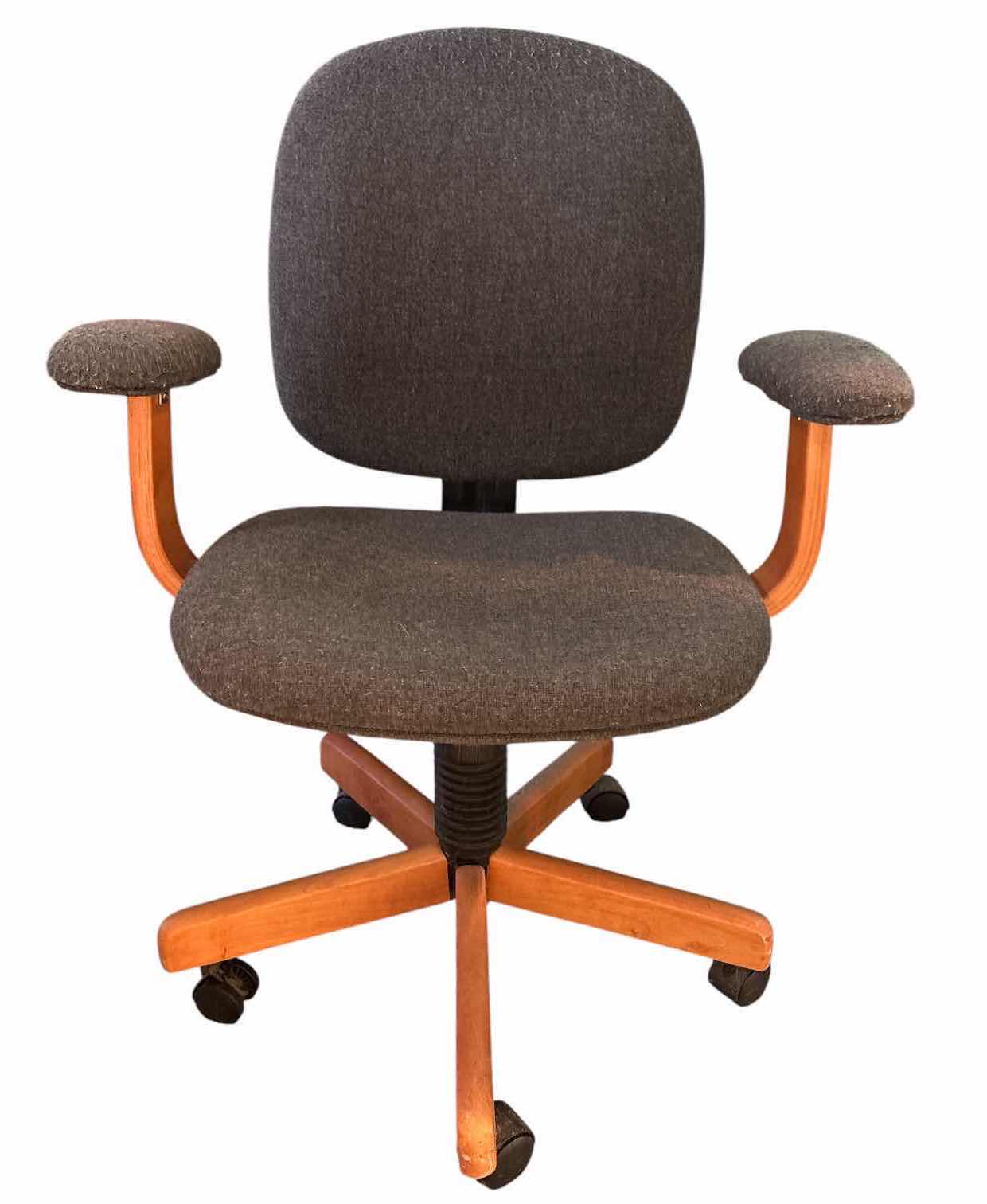 View 1 of GRAY FABRIC UPHOLSTERED SWIVEL OFFICE CHAIR WITH WOOD BASE & ARMRESTS SEAT H17.5” $75