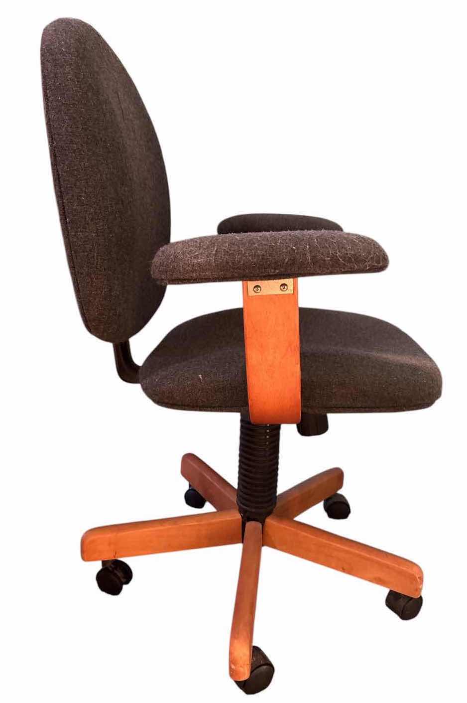 View 3 of GRAY FABRIC UPHOLSTERED SWIVEL OFFICE CHAIR WITH WOOD BASE & ARMRESTS SEAT H17.5” $75
