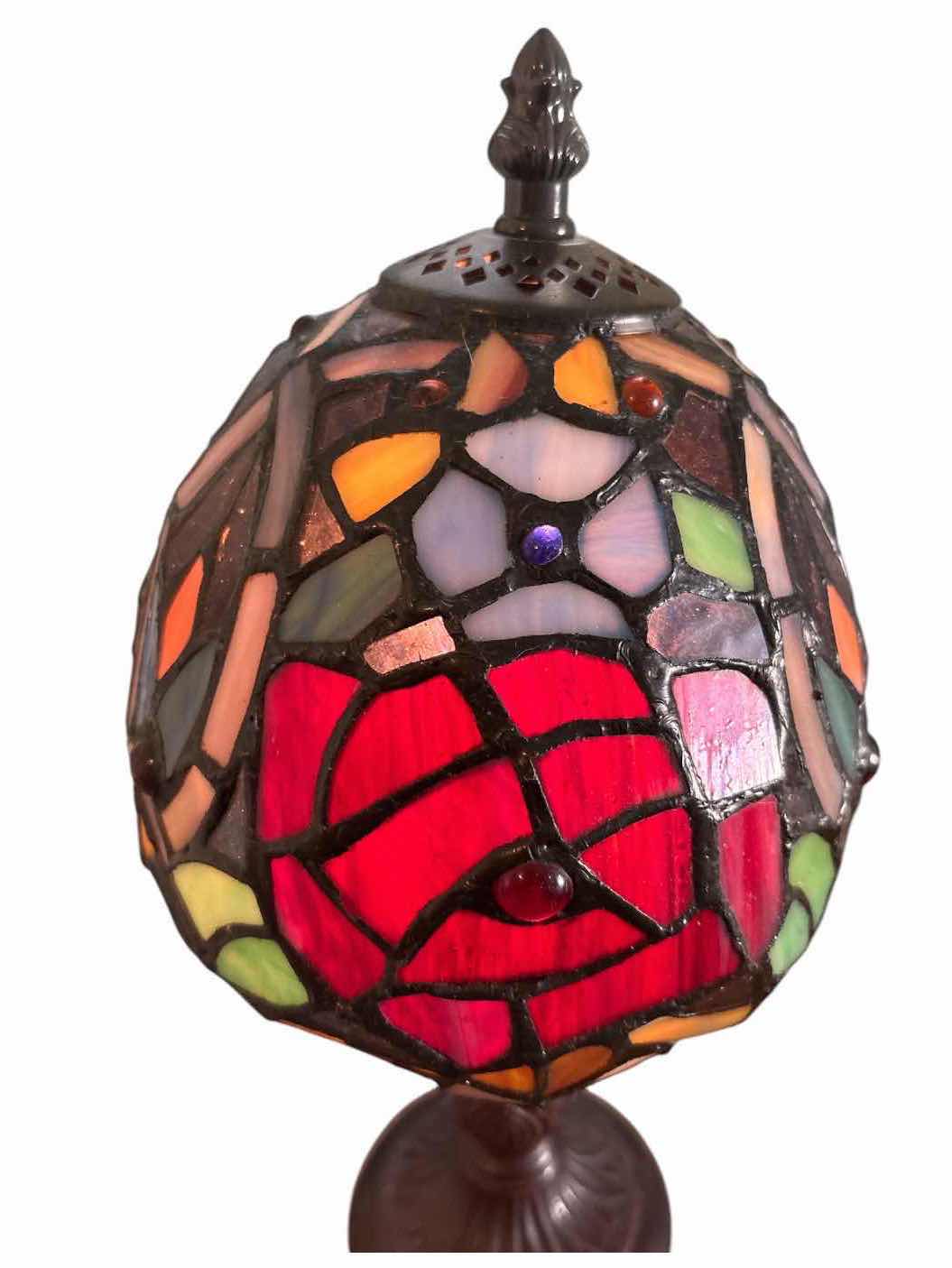 View 2 of TIFFANY STYLE STAINED GLASS TABLE LAMP WITH RED ROSE DESIGN & BRONZE TONE BASE H13.5” $80