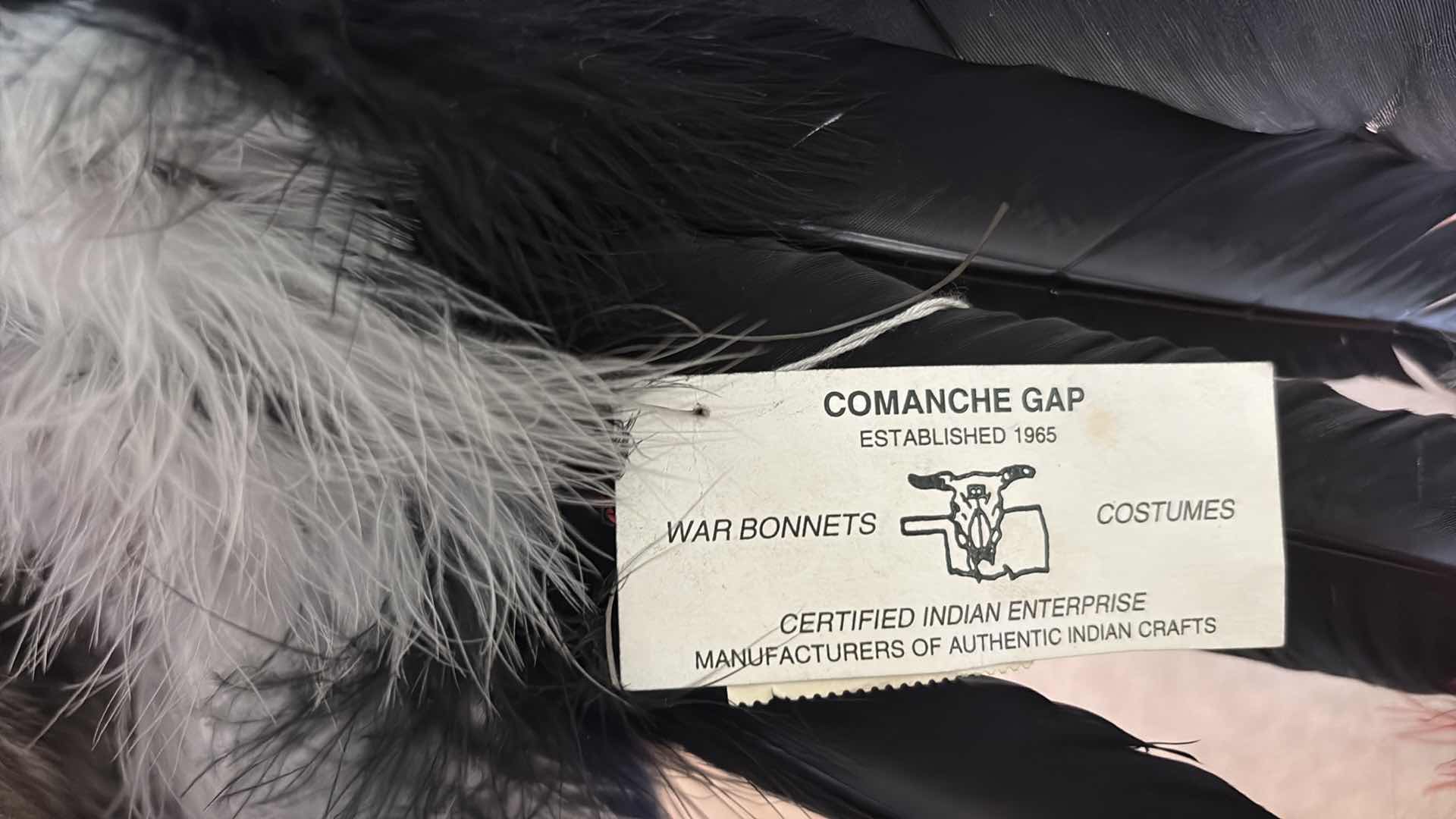 View 3 of COMANCHE GAP FEATHER WAR BONNET HEADDRESS WITH BEADED DESIGN, FUR TRIM & DECORATIVE METAL ACCENTS