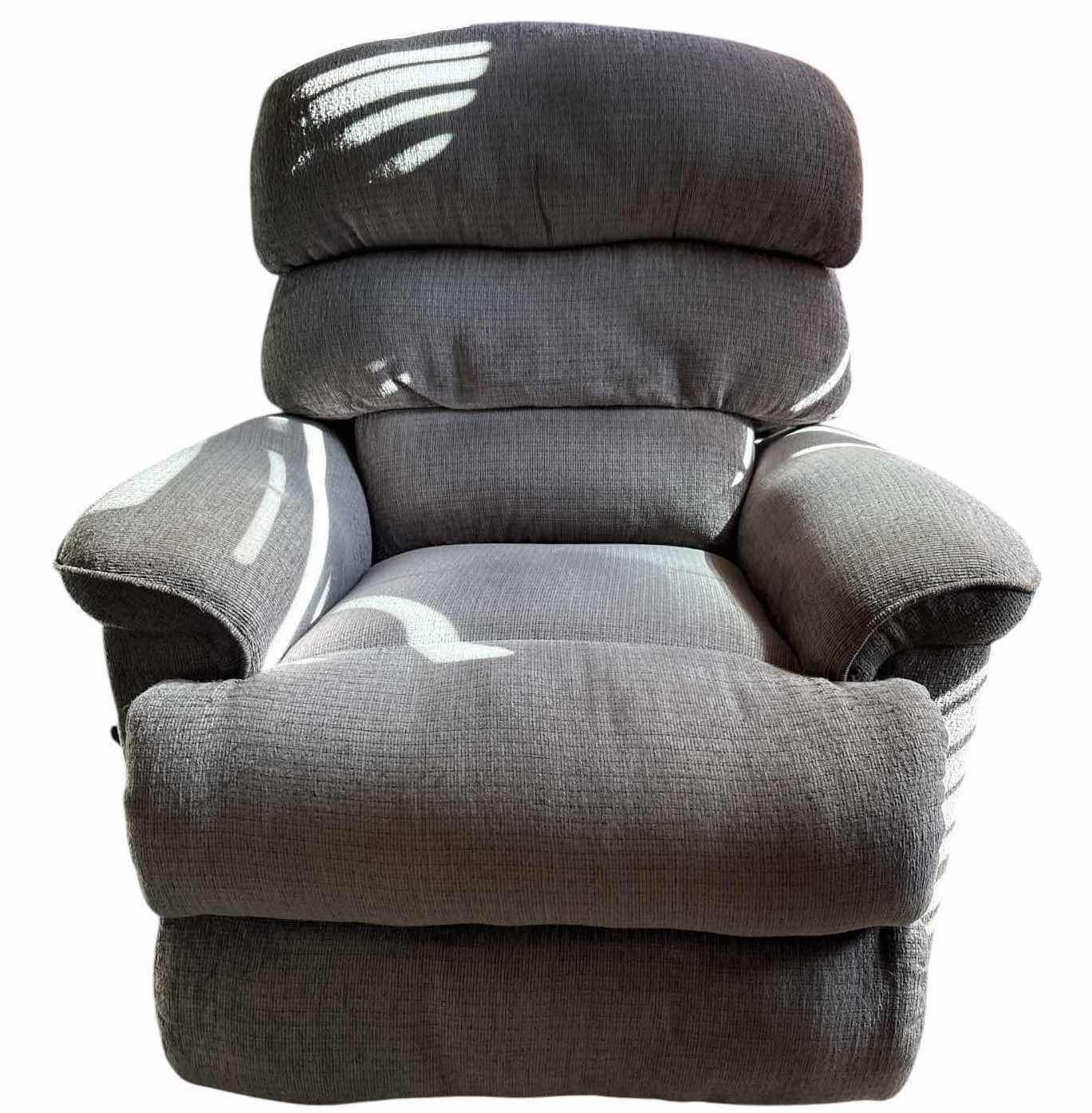 View 1 of GRAY UPHOLSTERED HIGH-BACK RECLINER CHAIR H37”