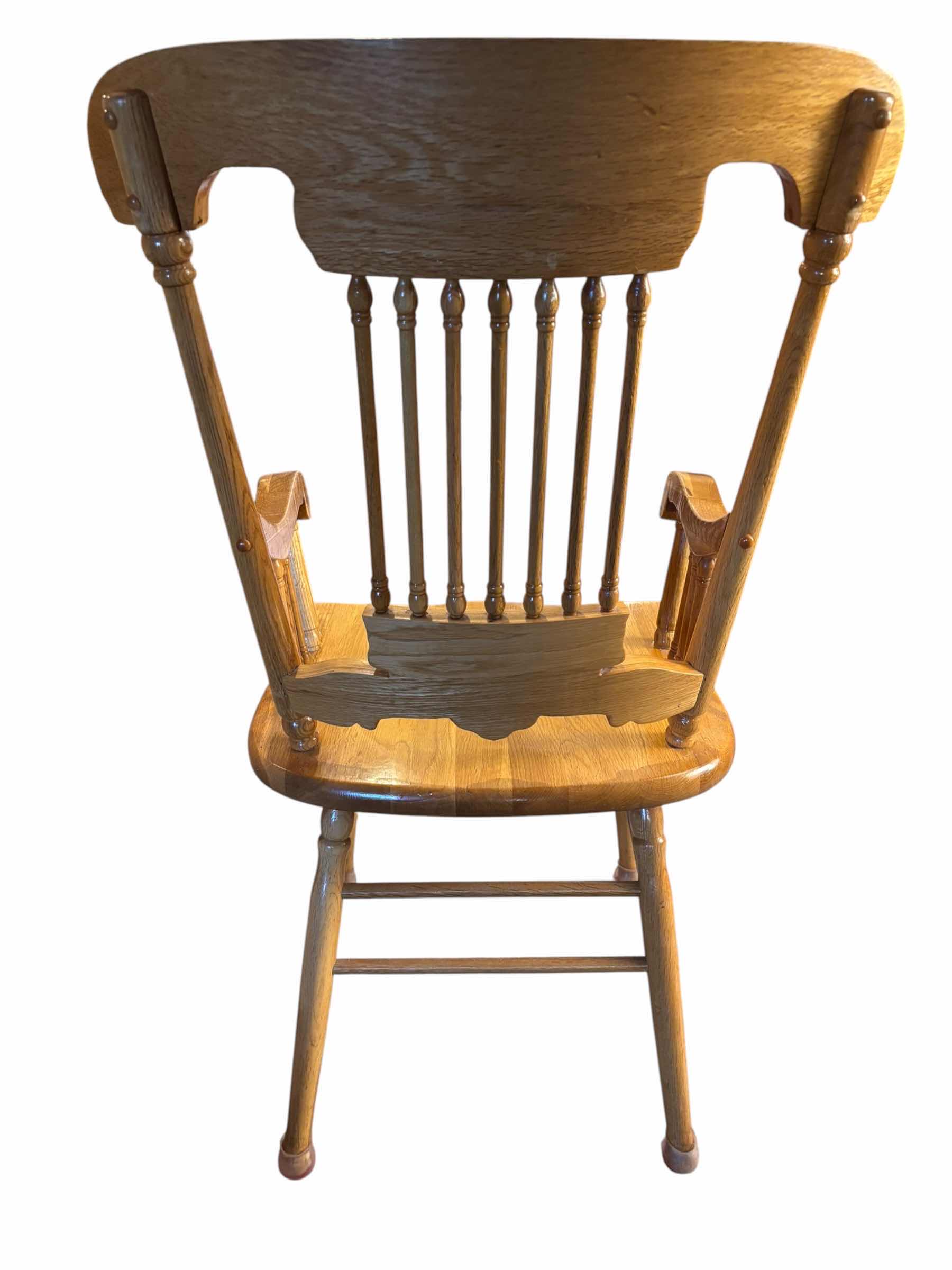 View 4 of VINTAGE SOLID OAK DINING CHAIR WITH TURNED SPINDLES & EMBOSSED FLORAL SCROLL CARVINGS $356