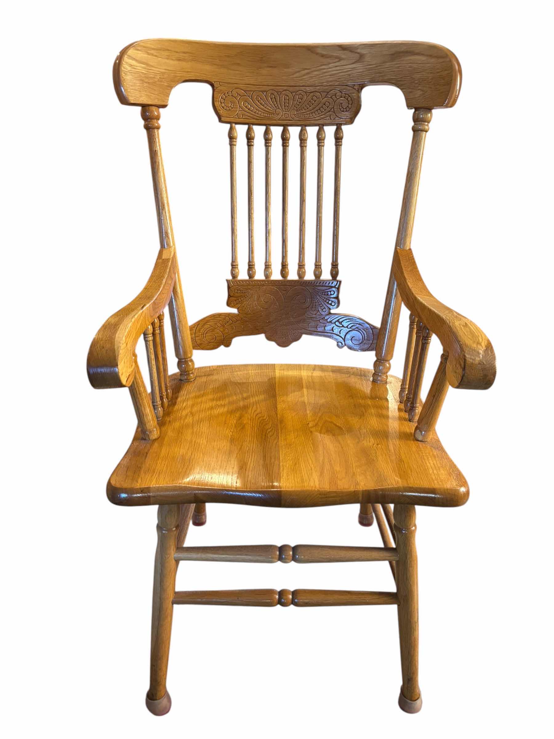 Photo 1 of VINTAGE SOLID OAK DINING CHAIR WITH TURNED SPINDLES & EMBOSSED FLORAL SCROLL CARVINGS $356