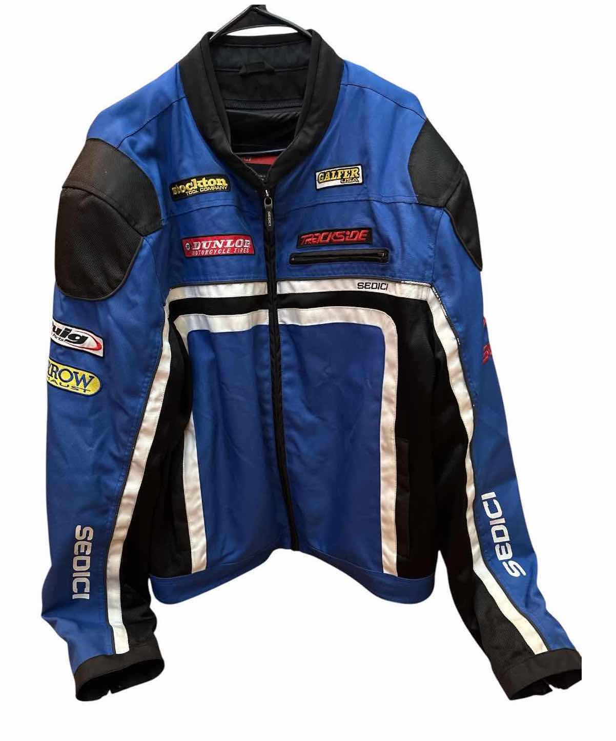 View 1 of SEDICI BLUE, BLACK & WHITE MOTORCYCLE RACING JACKET WITH SPONSOR PATCHES MENS SIZE 3XL $100