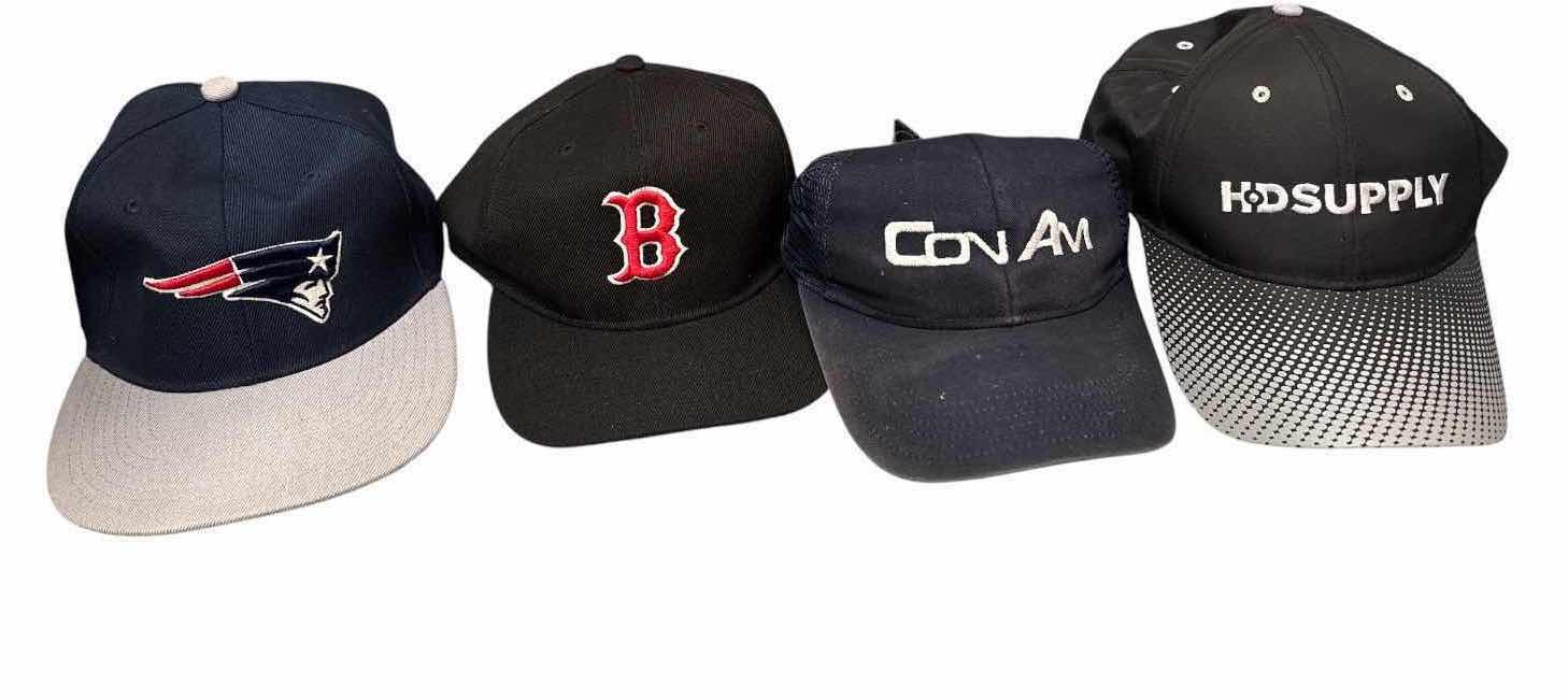 View 1 of 4-PCS BASEBALL CAPS – NEW ENGLAND PATRIOTS, BOSTON RED SOX, CONAM & HD SUPPLY
