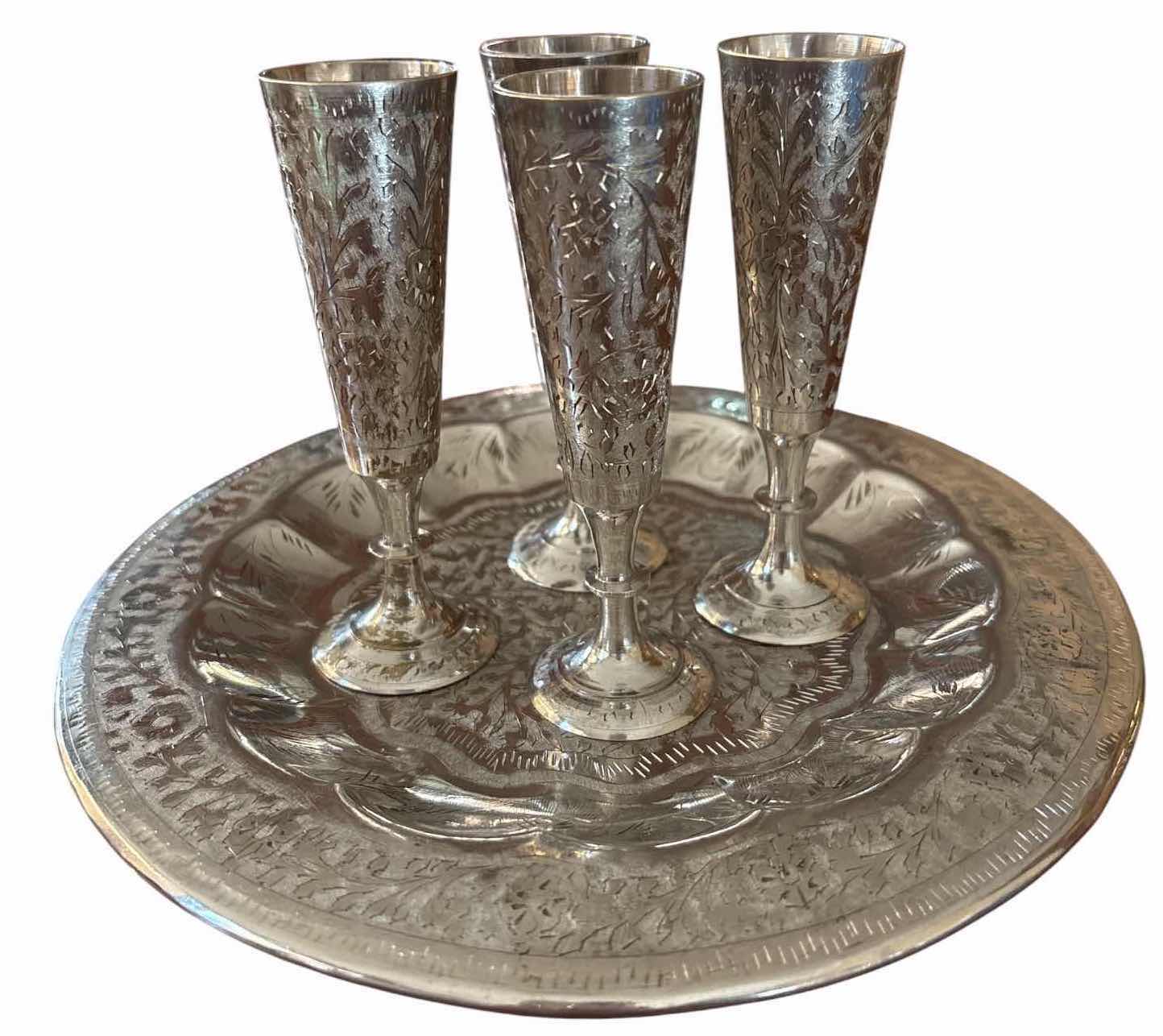 View 1 of VINTAGE MADE IN INDIA SILVER-TONE ENGRAVED METAL SERVING TRAY WITH 4 DECORATIVE GOBLETS H5”