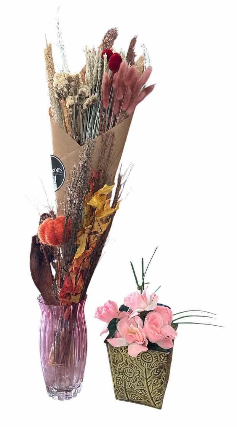View 1 of FLORAL ARRANGEMENTS – PINK GLASS VASE WITH FALL HARVEST DECOR & PINK ROSES IN DECORATIVE PLANTER H30”