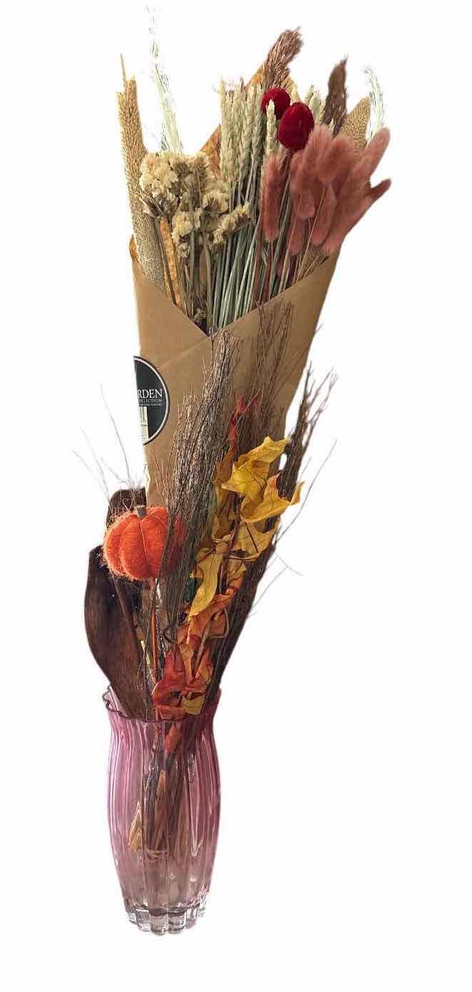 View 3 of FLORAL ARRANGEMENTS – PINK GLASS VASE WITH FALL HARVEST DECOR & PINK ROSES IN DECORATIVE PLANTER H30”
