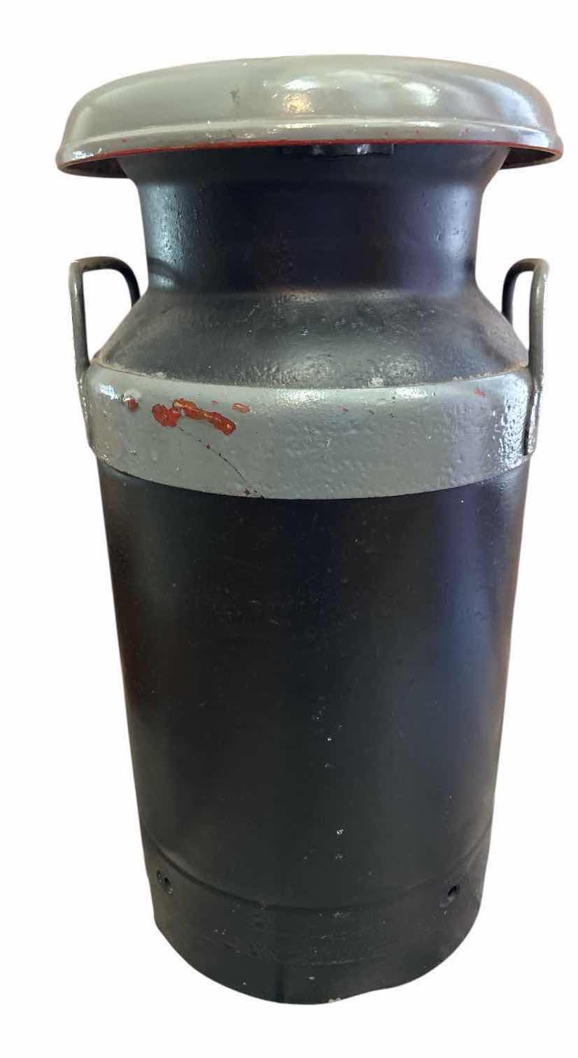 View 1 of VINTAGE METAL MILK CAN WITH LID & SIDE HANDLES – BLACK & GRAY H20.5”