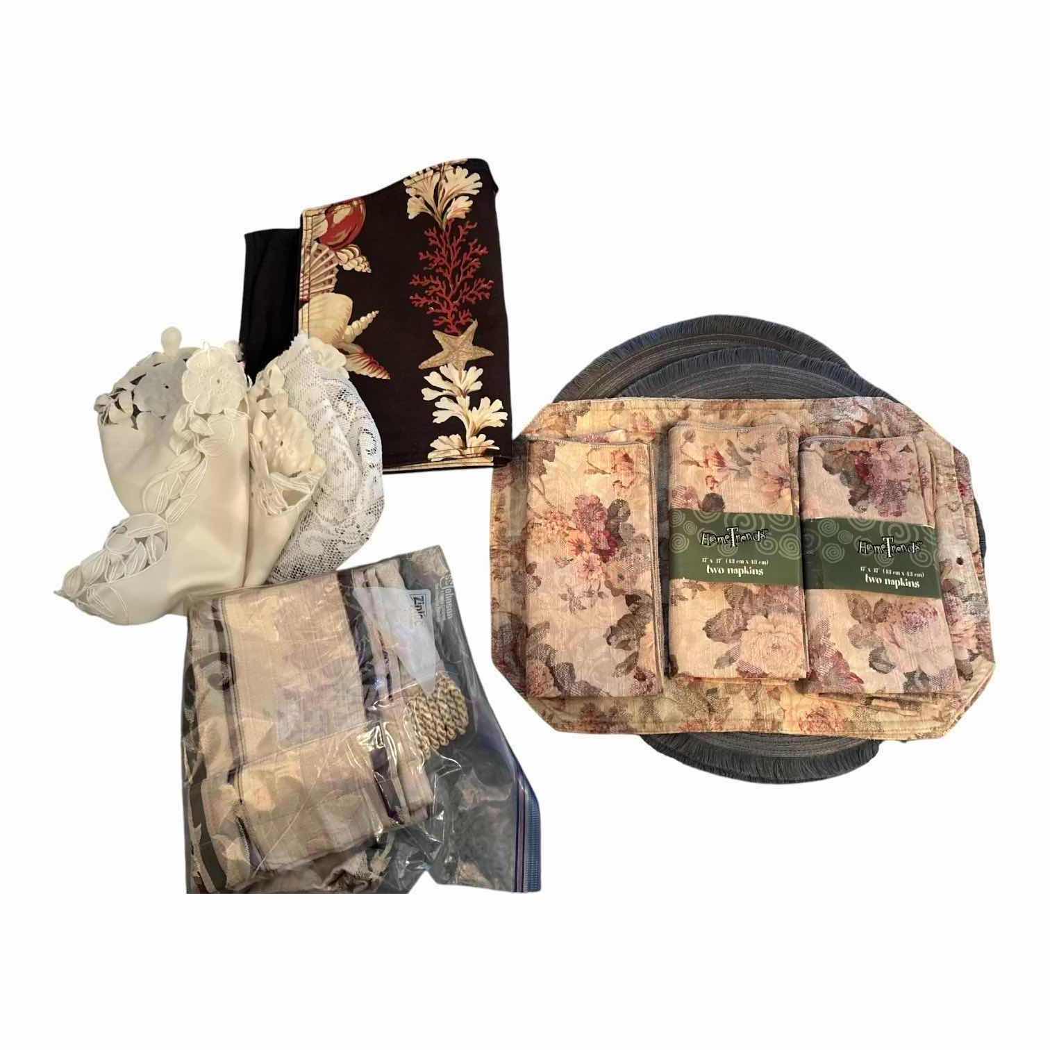 View 1 of 10-PCS FLORAL & COASTAL PRINT TABLE LINENS, PLACEMATS, NAPKINS & LACE FABRIC – MULTICOLOR