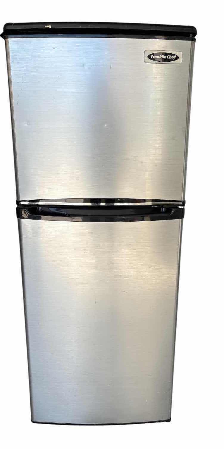 View 1 of FRANKLIN CHEF STAINLESS STEEL TWO-DOOR COMPACT REFRIGERATOR WITH FREEZER 18”X19”H46”