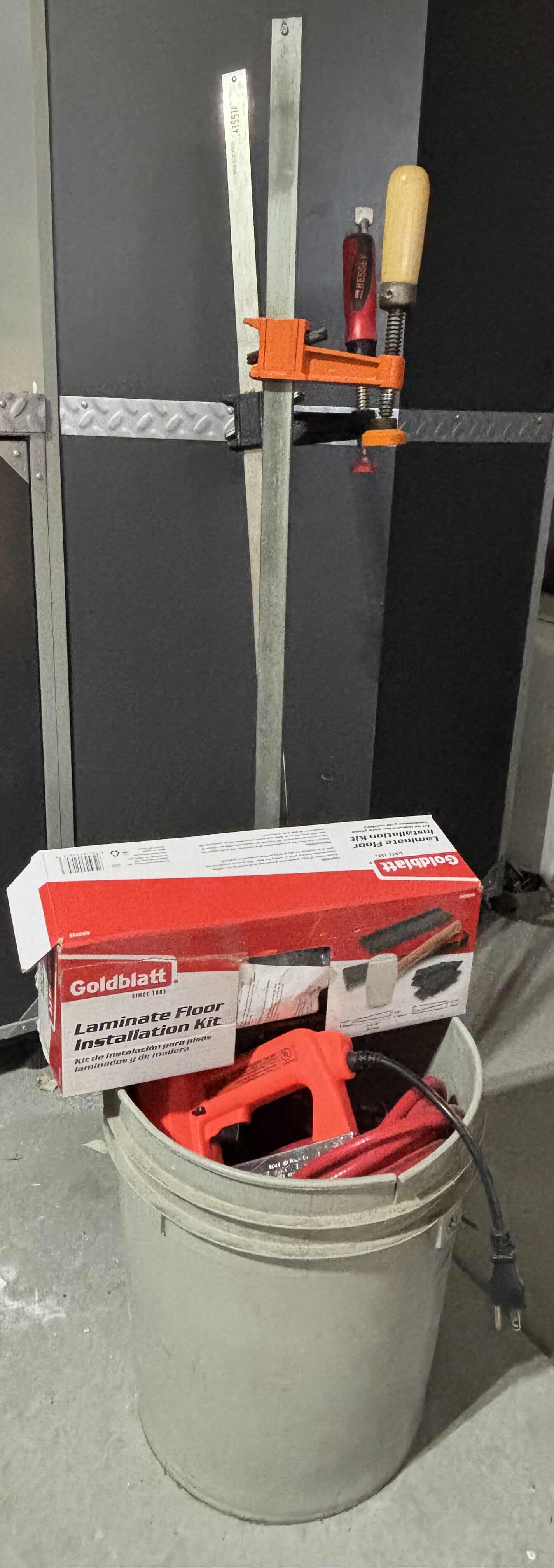 View 1 of BUCKET OF TOOLS: LAMINATE FLOOR INSTALLATION KIT, POWER TOOLS & MORE