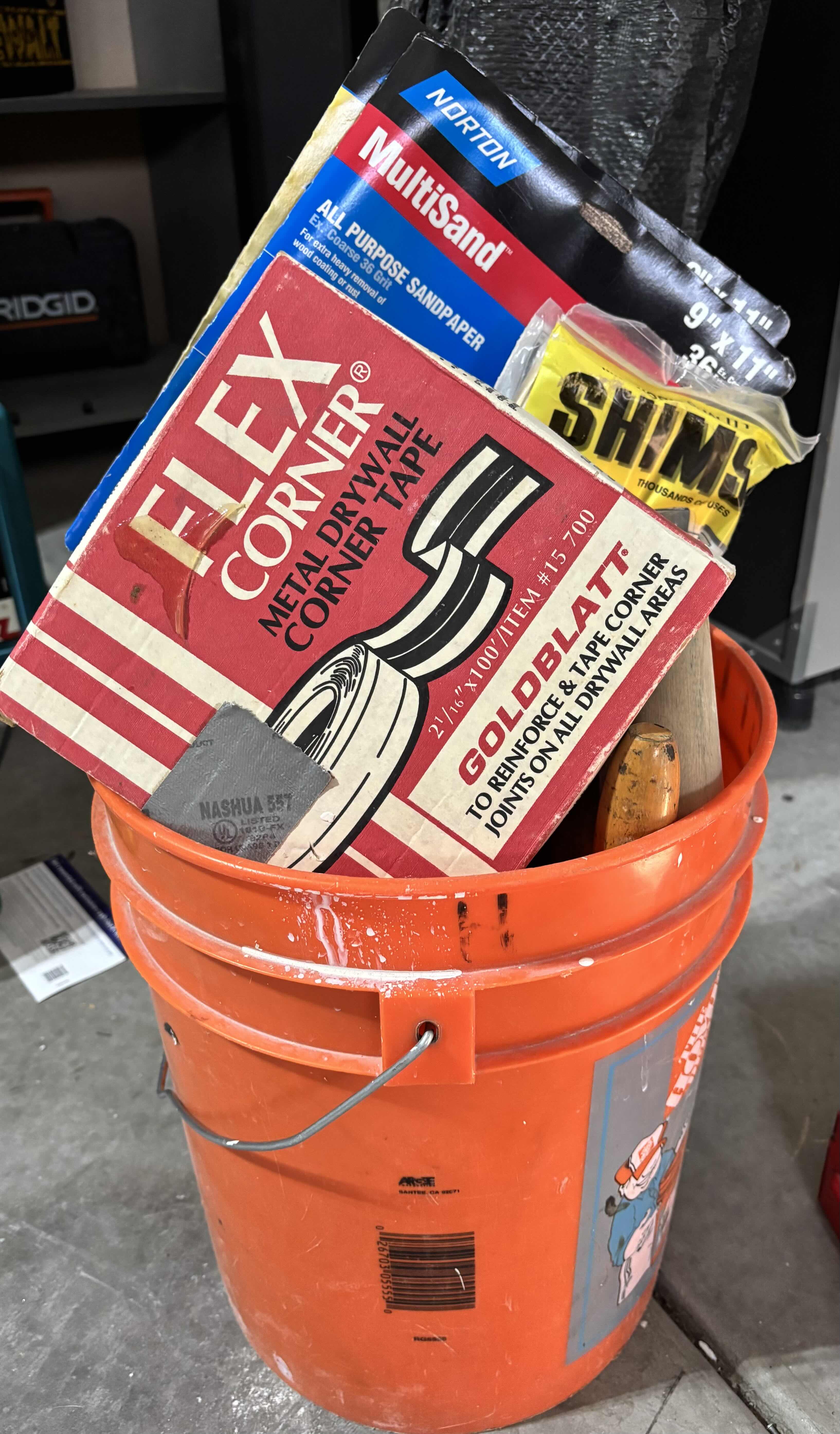 View 1 of BUCKET OF TOOLS: FINISHING TROWELS, DRYWALL SUPPLIES & MORE