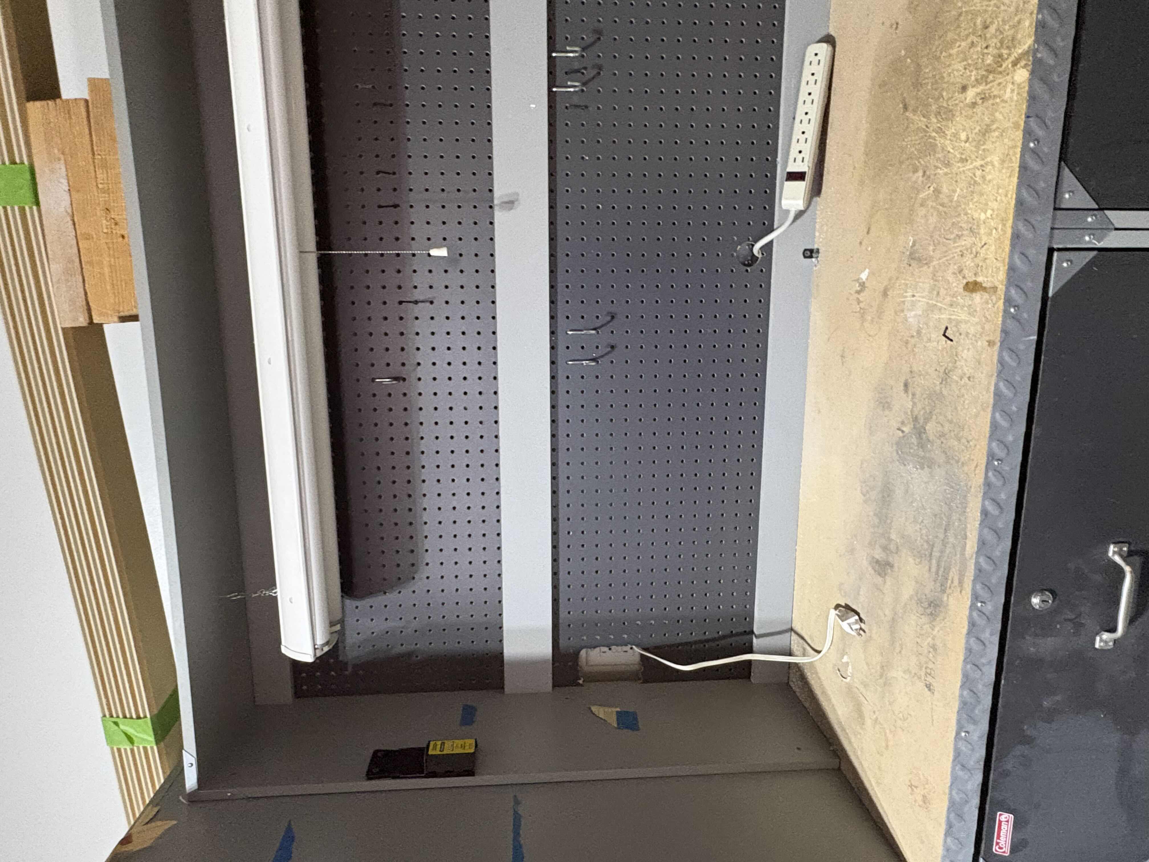 View 4 of COLEMAN EXTRA LARGE GRAY GARAGE STORAGE CABINET SYSTEM WITH WORKBENCH, PEGBOARD, DRAWERS & OVERHEAD LIGHT 144”X19.5” H74” $1200