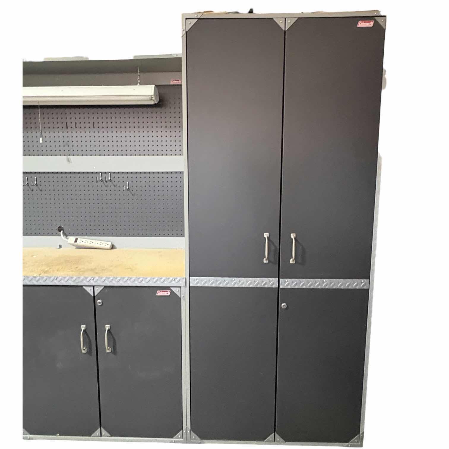 View 3 of COLEMAN EXTRA LARGE GRAY GARAGE STORAGE CABINET SYSTEM WITH WORKBENCH, PEGBOARD, DRAWERS & OVERHEAD LIGHT 144”X19.5” H74” $1200