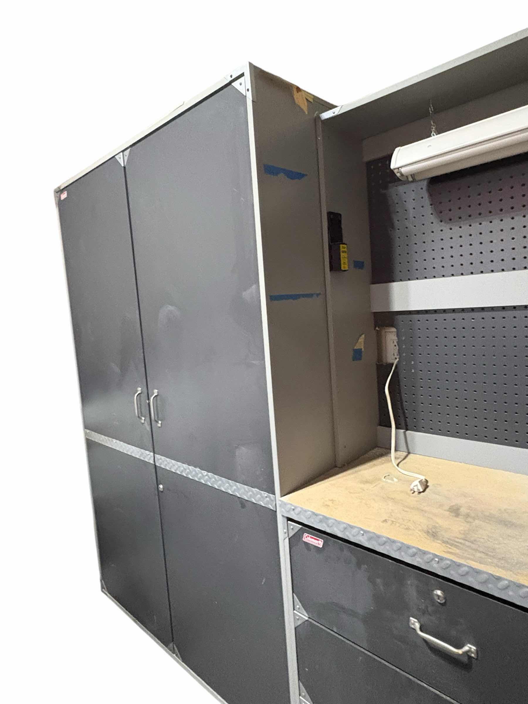 View 2 of COLEMAN EXTRA LARGE GRAY GARAGE STORAGE CABINET SYSTEM WITH WORKBENCH, PEGBOARD, DRAWERS & OVERHEAD LIGHT 144”X19.5” H74” $1200