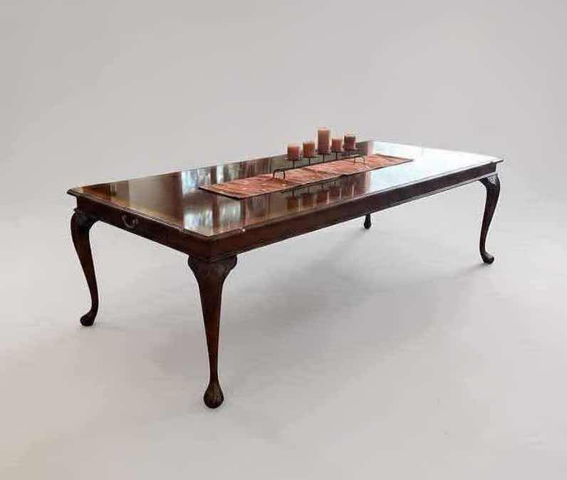 Photo 1 of ETHAN ALLEN MAHOGANY BALL & CLAW DINING TABLE INLAID BORDER 2 DRAWERS & TABLE PADS INCLUDED 42" X 118" H 29" CHAIRS SOLD SEPARATELY