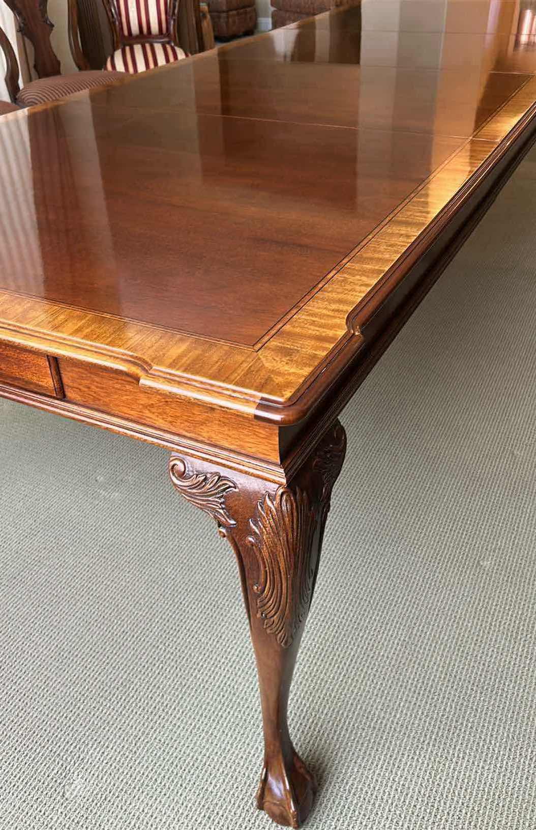 Photo 1 of ETHAN ALLEN MAHOGANY BALL & CLAW DINING TABLE INLAID BORDER 2 DRAWERS & TABLE PADS INCLUDED 42" X 118" H 29" CHAIRS SOLD SEPARATELY