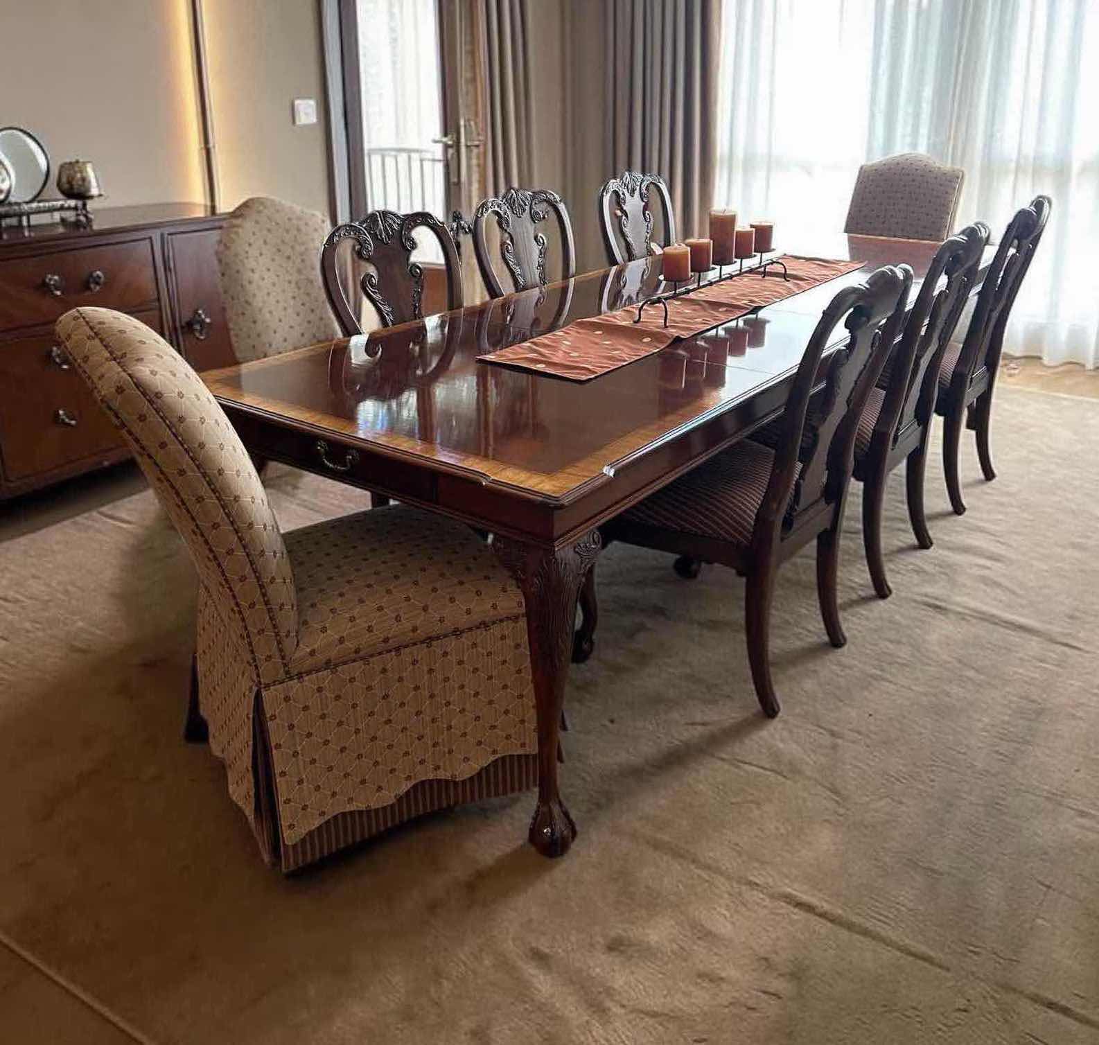 Photo 1 of ETHAN ALLEN MAHOGANY BALL & CLAW DINING TABLE INLAID BORDER 2 DRAWERS & TABLE PADS INCLUDED 42" X 118" H 29" CHAIRS SOLD SEPARATELY