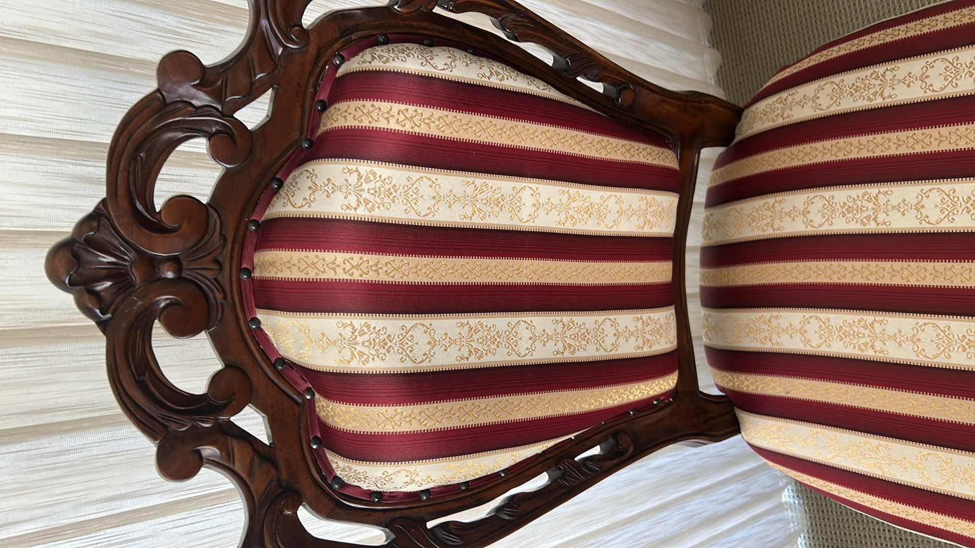 Photo 1 of 2- BAROQUE STYLE CHAIRS W DARK WOOD FRAME & RED WHITE STRIPED UPHOLSTERY 20" X 47"