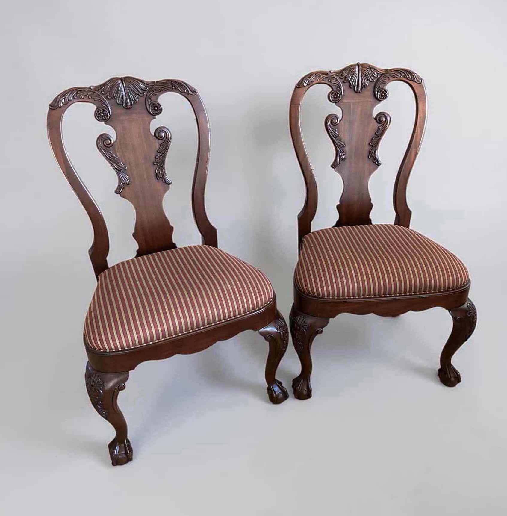Photo 1 of 2- STICKLEY QUEEN ANNE MAHOGANY STYLE SIDE CHAIRS W CARVED SHELL CREST & BALL CLAW FEET  21" X 39" H 59"