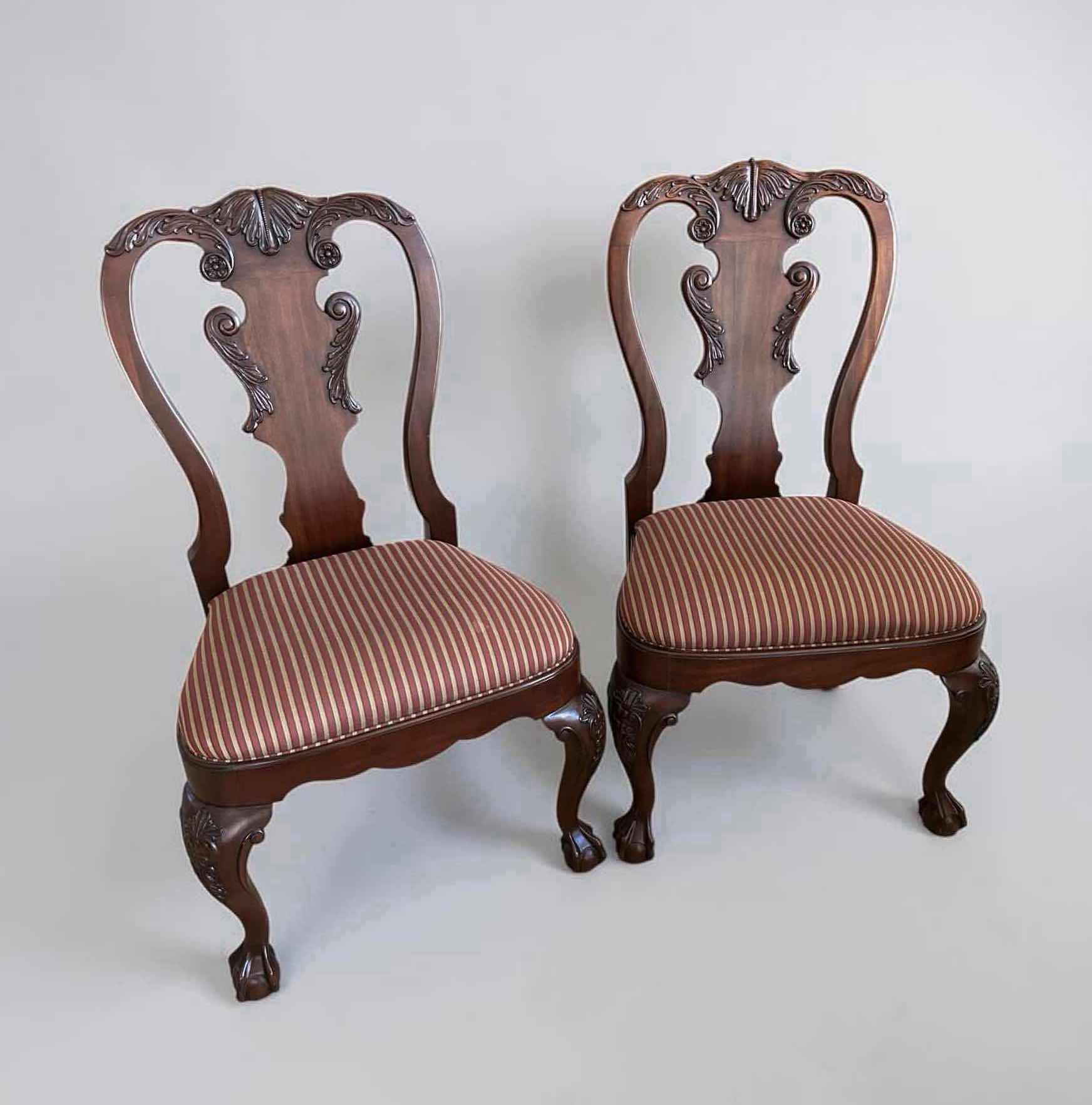 Photo 1 of 2- STICKLEY QUEEN ANNE MAHOGANY STYLE SIDE CHAIRS W CARVED SHELL CREST & BALL CLAW FEET  21" X 39" H
