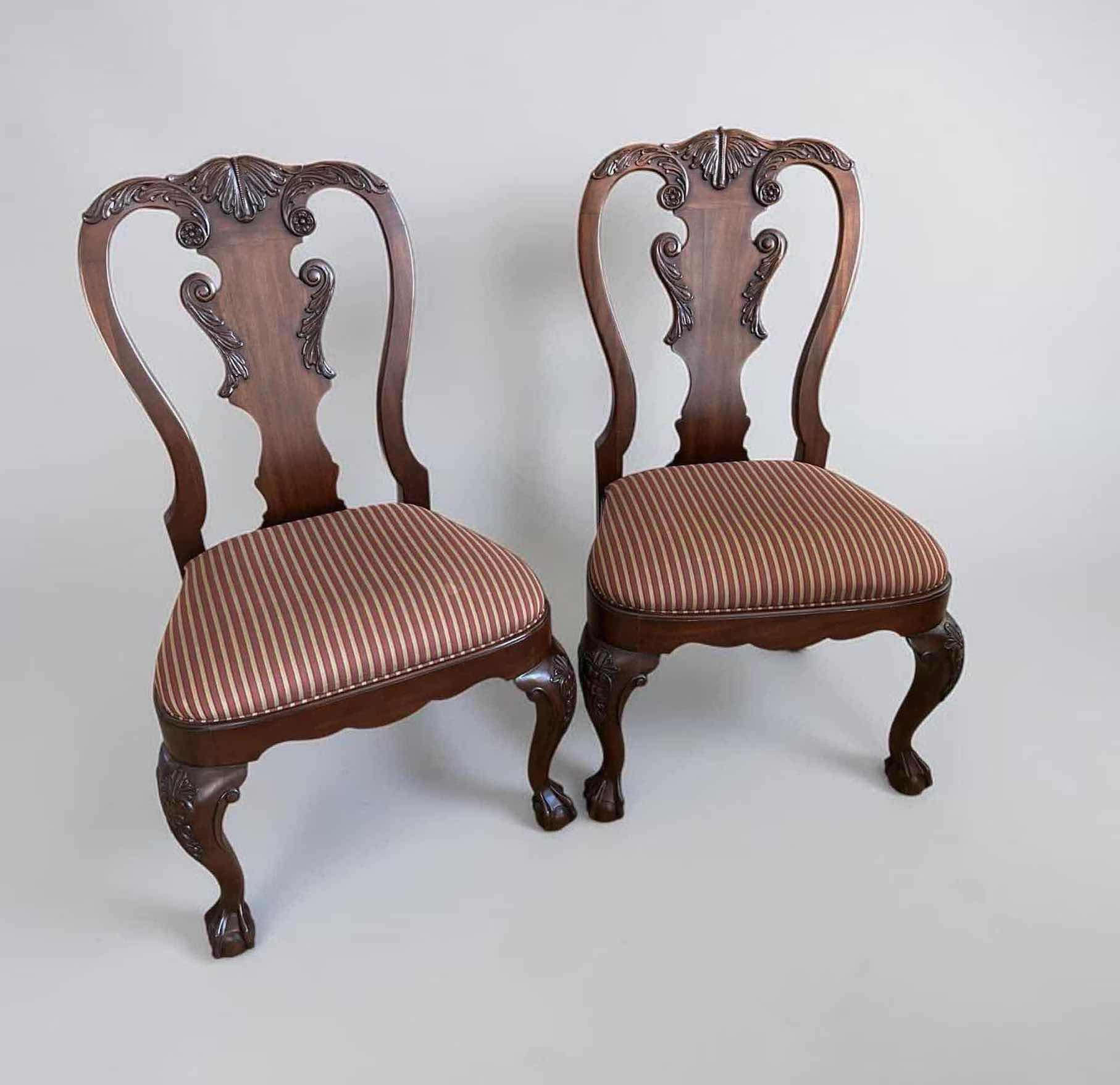 Photo 1 of 2- STICKLEY QUEEN ANNE MAHOGANY STYLE SIDE CHAIRS W CARVED SHELL CREST & BALL CLAW FEET  21" X 39"