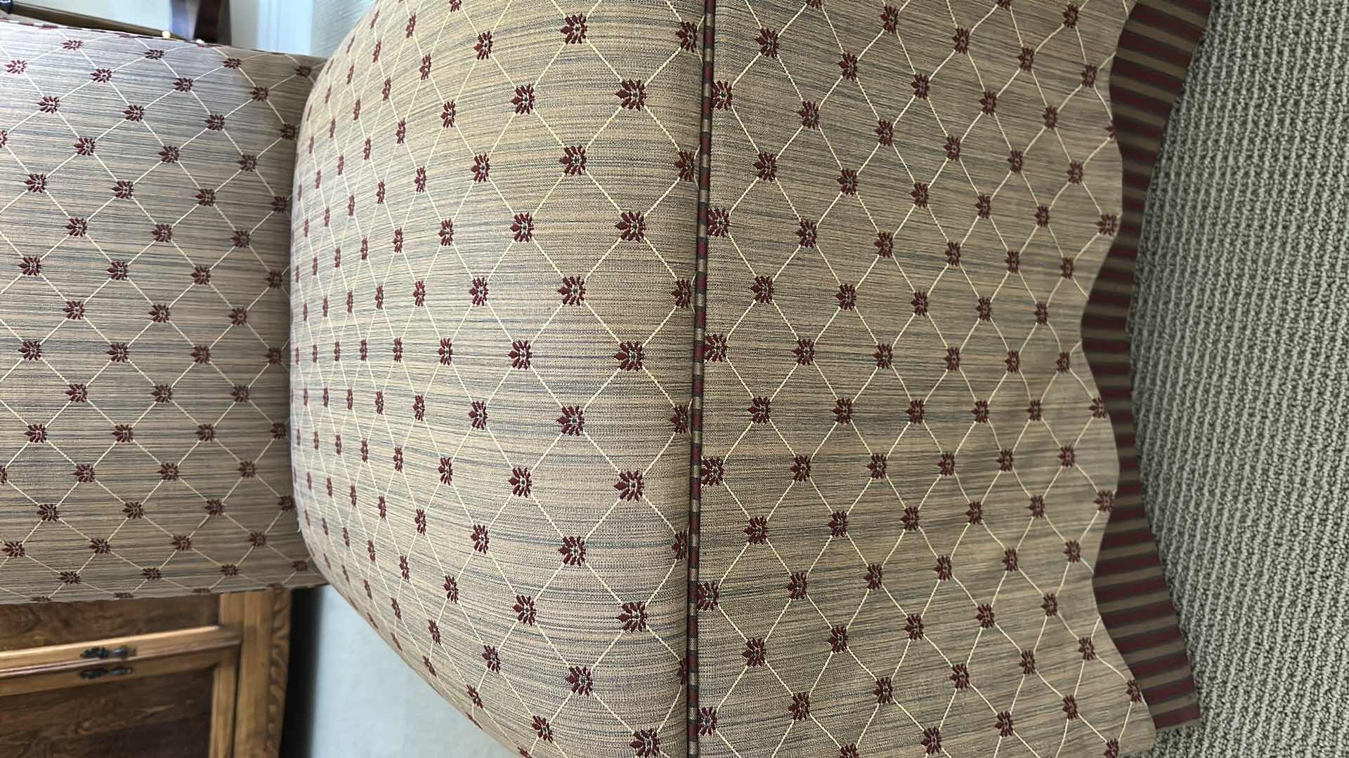 View 3 of BEIGE PATTERNED ETHAN ALLEN PARSONS CHAIR W FULLY UPHOLSTERED SKIRTED BASE 20" X 38"