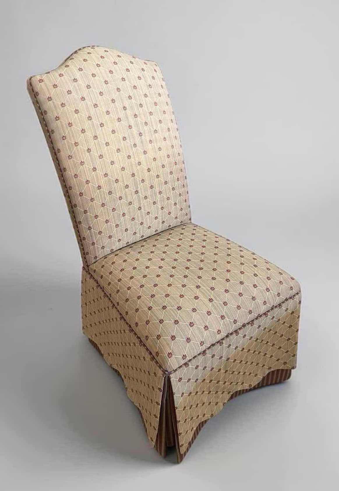 View 1 of BEIGE PATTERNED ETHAN ALLEN PARSONS CHAIR W FULLY UPHOLSTERED SKIRTED BASE 20" X 38"