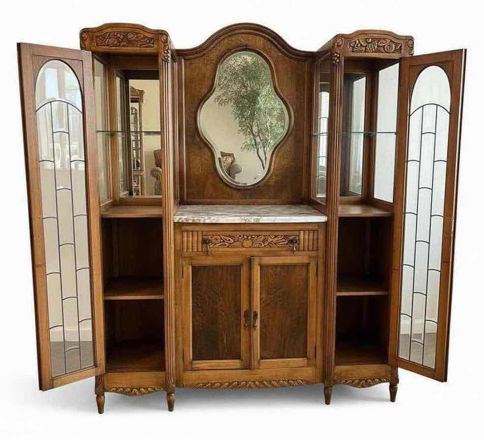 Photo 1 of ANTIQUE OAK FRENCH ART NOUVEAU CABINET W MARBLE SERVING SURFACE 61" X 21" H 73" (SEE NOTES)