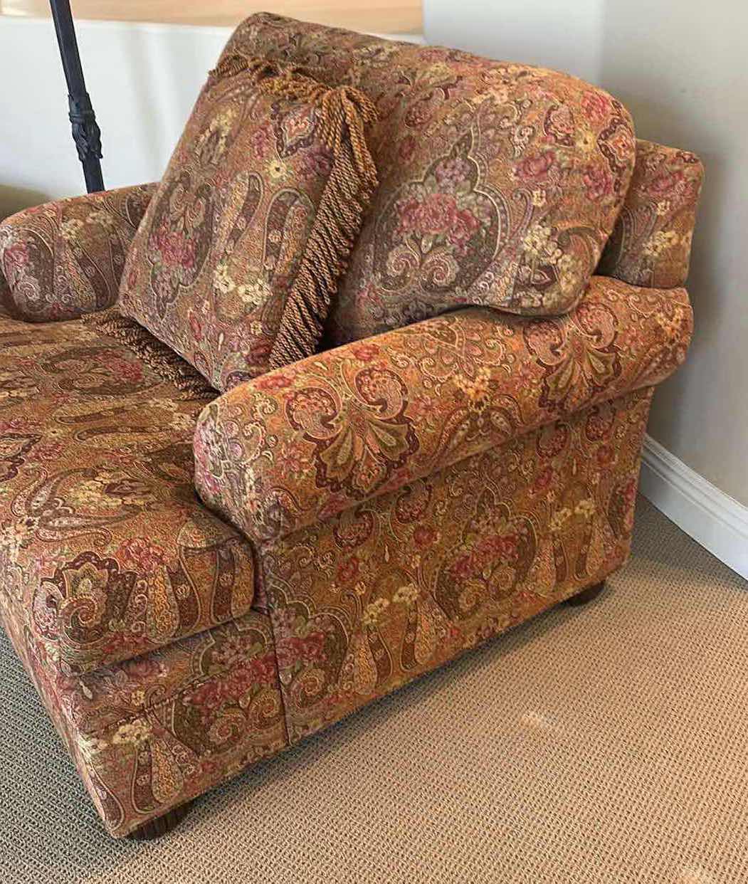 Photo 1 of ETHAN ALLEN ARMCHAIR W PLUSH OVERSIZED MULTI COLORED PAISLEY FABRIC W MATCHING DECORATIVE FRINGE PILLOWS 42" X 39" H 32" SEE NOTES