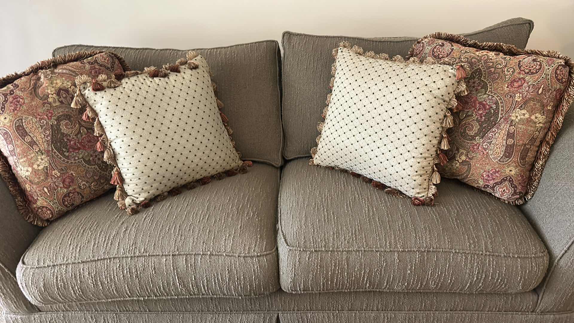 Photo 1 of ETHAN ALLEN TRADITIONAL SKIRTED GREEN SOFA W ROLLED ARMS & TAILORED BASE 83" X 36" H 30" (SEE NOTES)