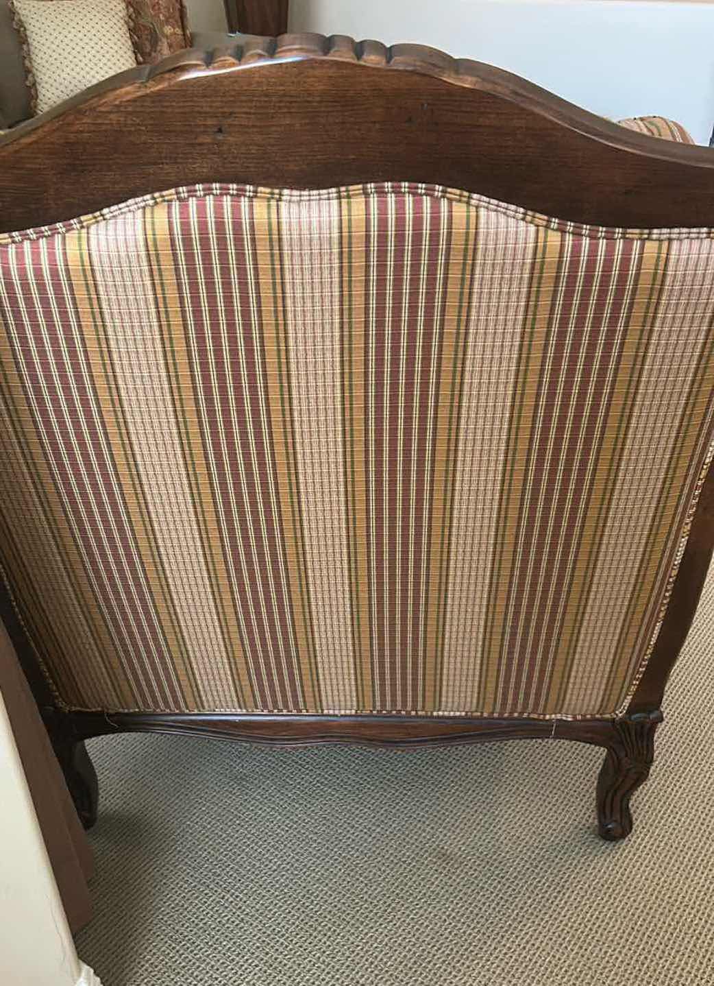 Photo 1 of ETHAN ALLEN FRENCH STYLE BERGERE ARMCHAIR W CARVED WOOD FRAME & STRIPED FABRIC UPHOLSTERY  38" X 35" H 45" (SEE NOTES)