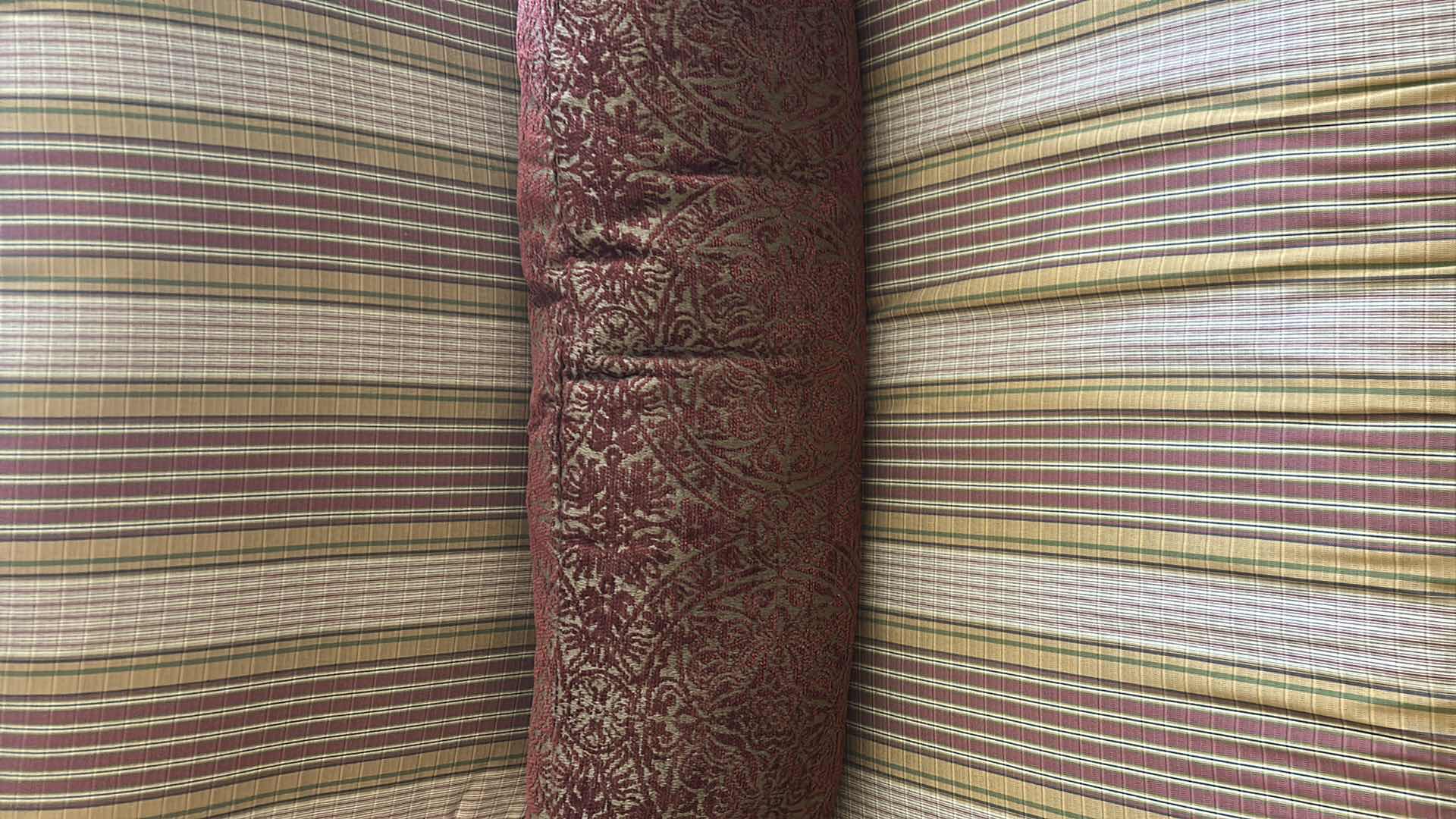 Photo 1 of ETHAN ALLEN FRENCH STYLE BERGERE ARMCHAIR W CARVED WOOD FRAME & STRIPED FABRIC UPHOLSTERY  38" X 35" H 45" (SEE NOTES)