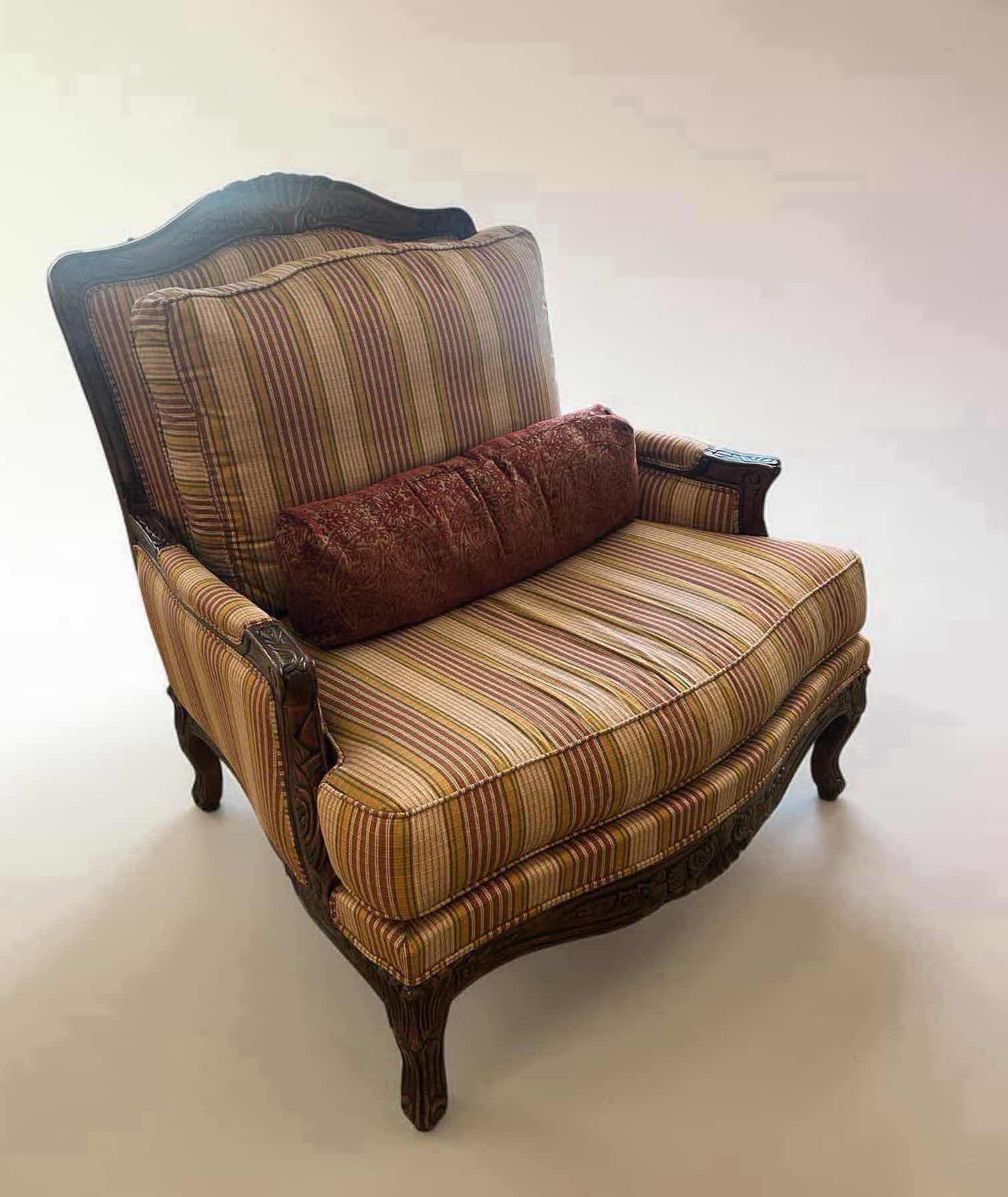 Photo 1 of ETHAN ALLEN FRENCH STYLE BERGERE ARMCHAIR W CARVED WOOD FRAME & STRIPED FABRIC UPHOLSTERY  38" X 35" H 45" (SEE NOTES)